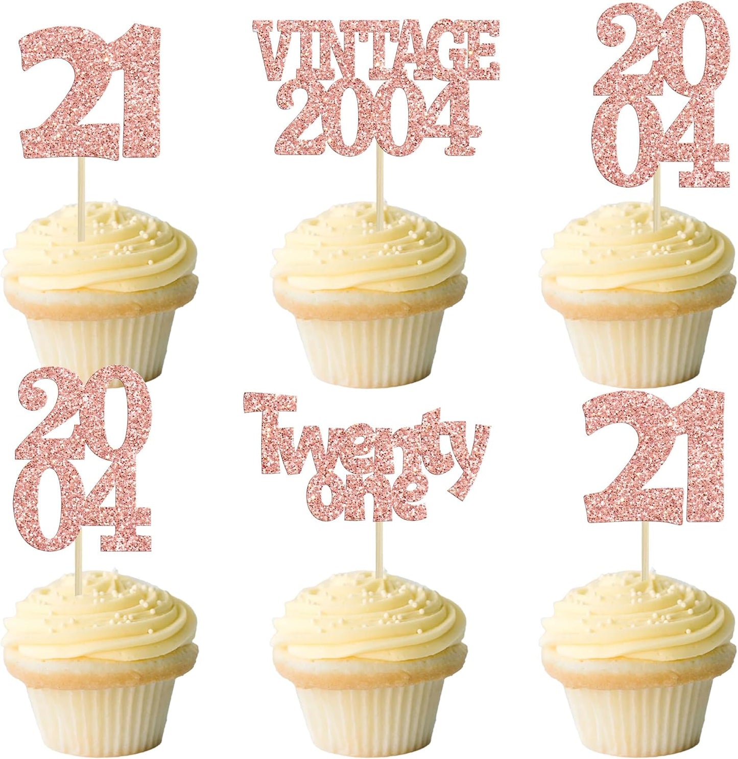 Gyufise 24Pcs 21st Birthday Cupcake Toppers Glitter Twenty-one Vintage 2004 21 Years Birthday Cupcake Picks Cheers to 21 Cake Decorations for Happy 21st Anniversary Party Supplies Rose Gold