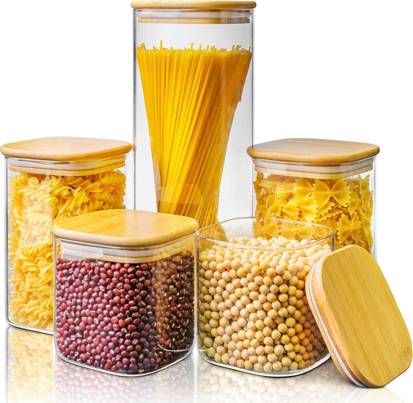 Multi Size - 5 Pack Square Glass Jars with Bamboo Lids, Glass Food Storage Containers with Airtight Lids for Kitchen, Air Tight Pantry Storage Containers for Cereal, Pasta, Rice, Sugar, Coffee, Spice