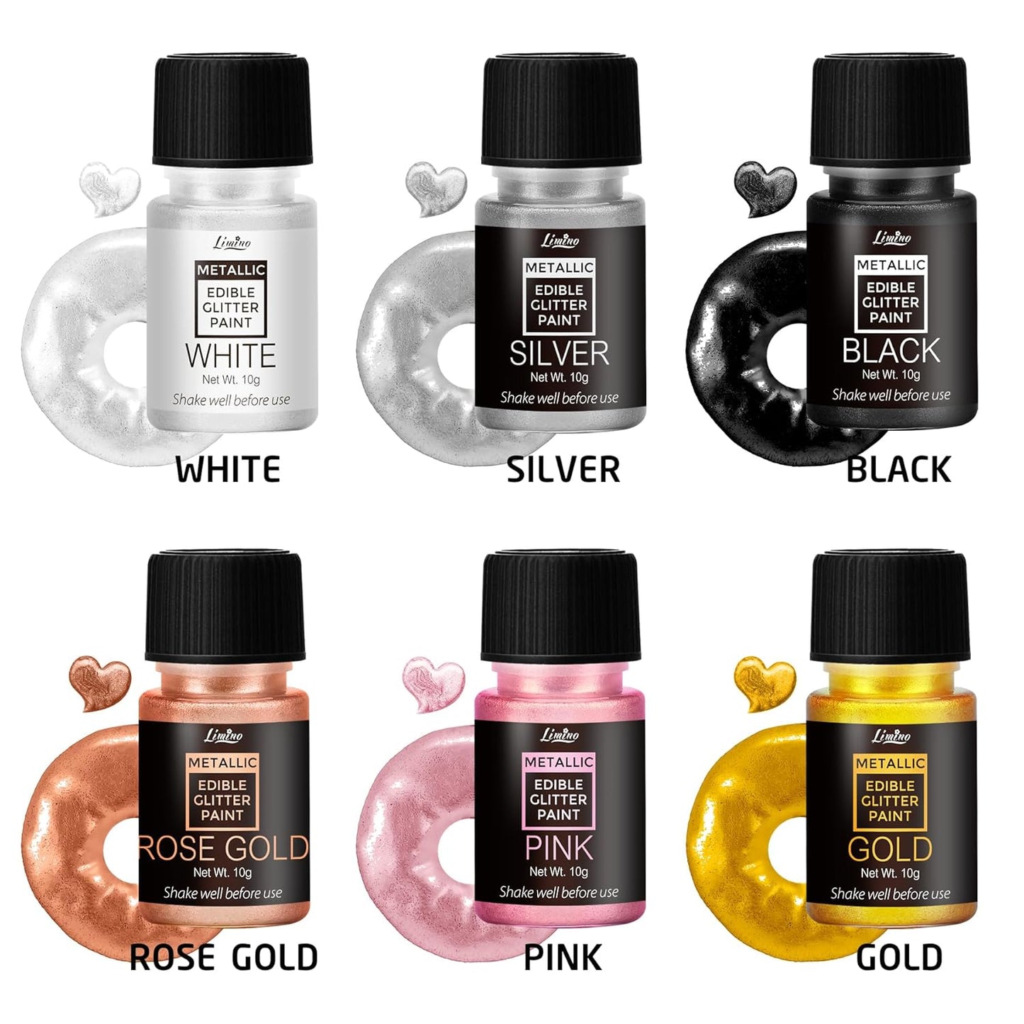 Edible Glitter Paint - 6 Colors Food Grade Metallic Glitter Cake Paint for Cake Decorating, Baking, Cupcakes, Cookies - Shimmer Art Decorative Liquid Edible Paint Food Coloring for Fondant, Donuts