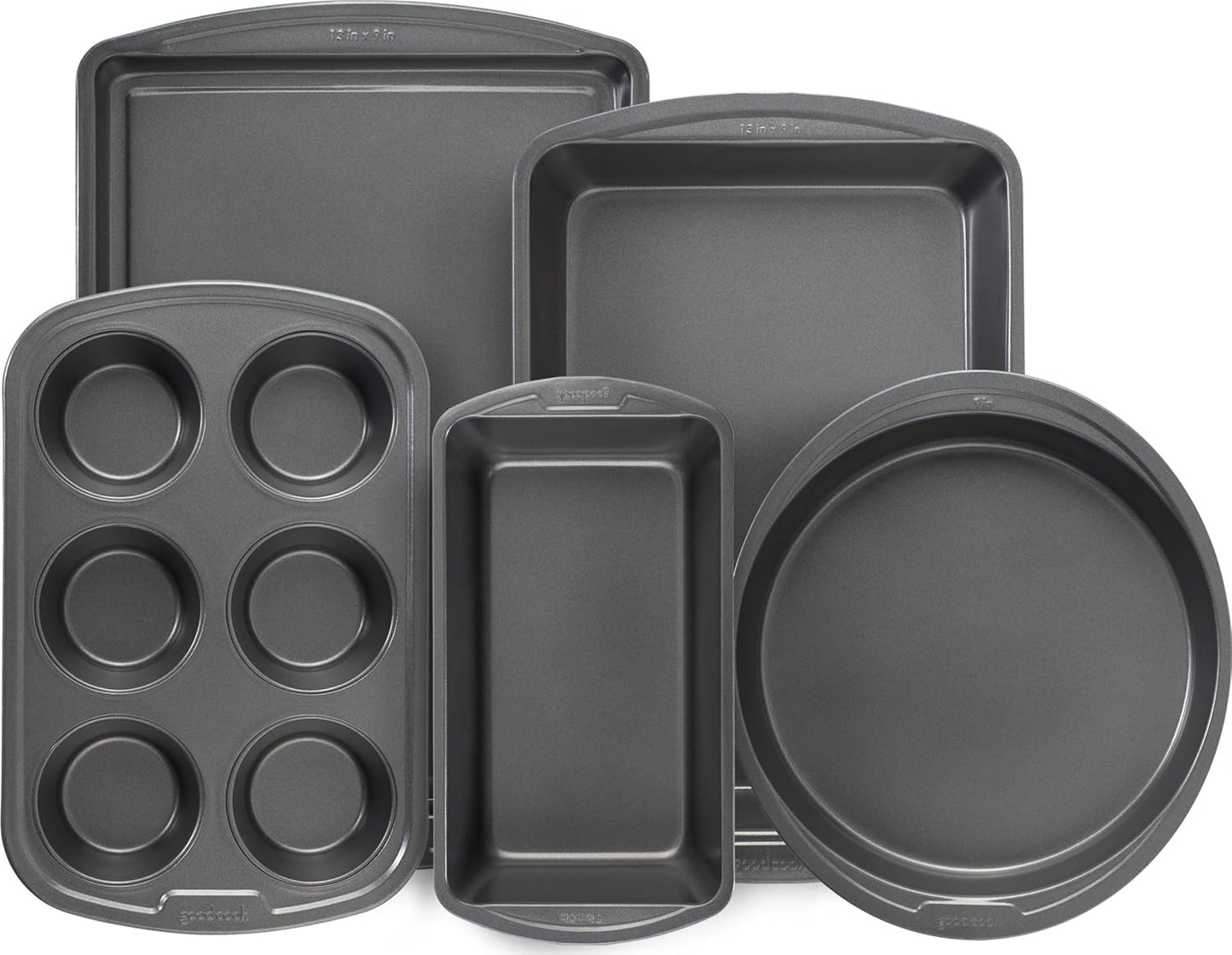 GoodCook Everyday Nonstick Steel 5-Piece Bakeware Set, Gray, Includes Cookie Sheet, Cake Pan, Loaf Pan, Muffin Pan, and Roast Pan, Durable and Scratch-Resistant Baking Set