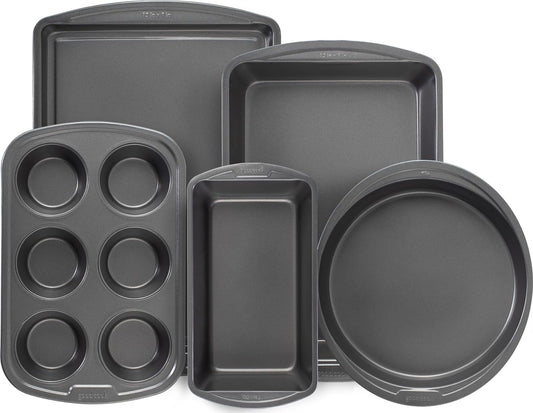 GoodCook Everyday Nonstick Steel 5-Piece Bakeware Set, Gray, Includes Cookie Sheet, Cake Pan, Loaf Pan, Muffin Pan, and Roast Pan, Durable and Scratch-Resistant Baking Set