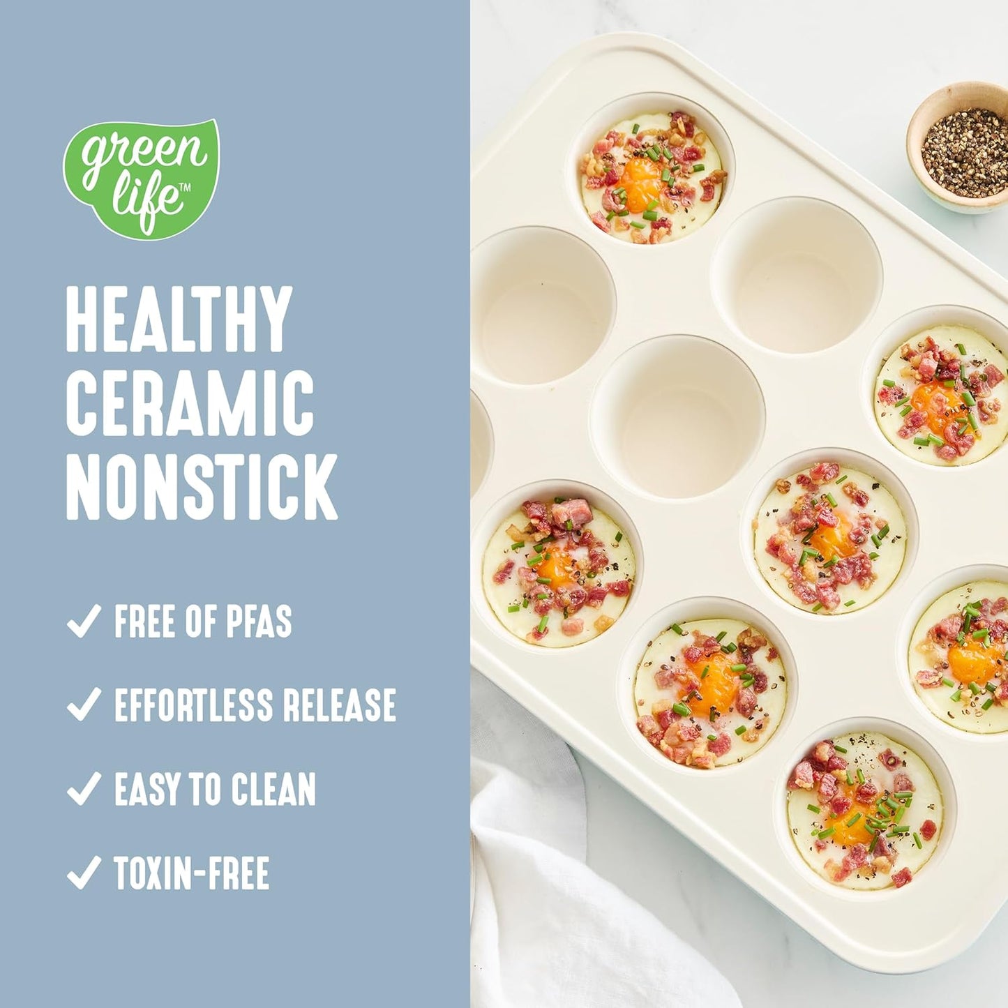 GreenLife 12-Cup Muffin Pan, Healthy Ceramic Nonstick Bakeware, PFOA & PFAS-Free Cupcake Tray, Durable Baking Pan, Versatile Kitchen Essential, Easy Clean Muffin Mold, Nonstick Baking Sheet, Blue Haze