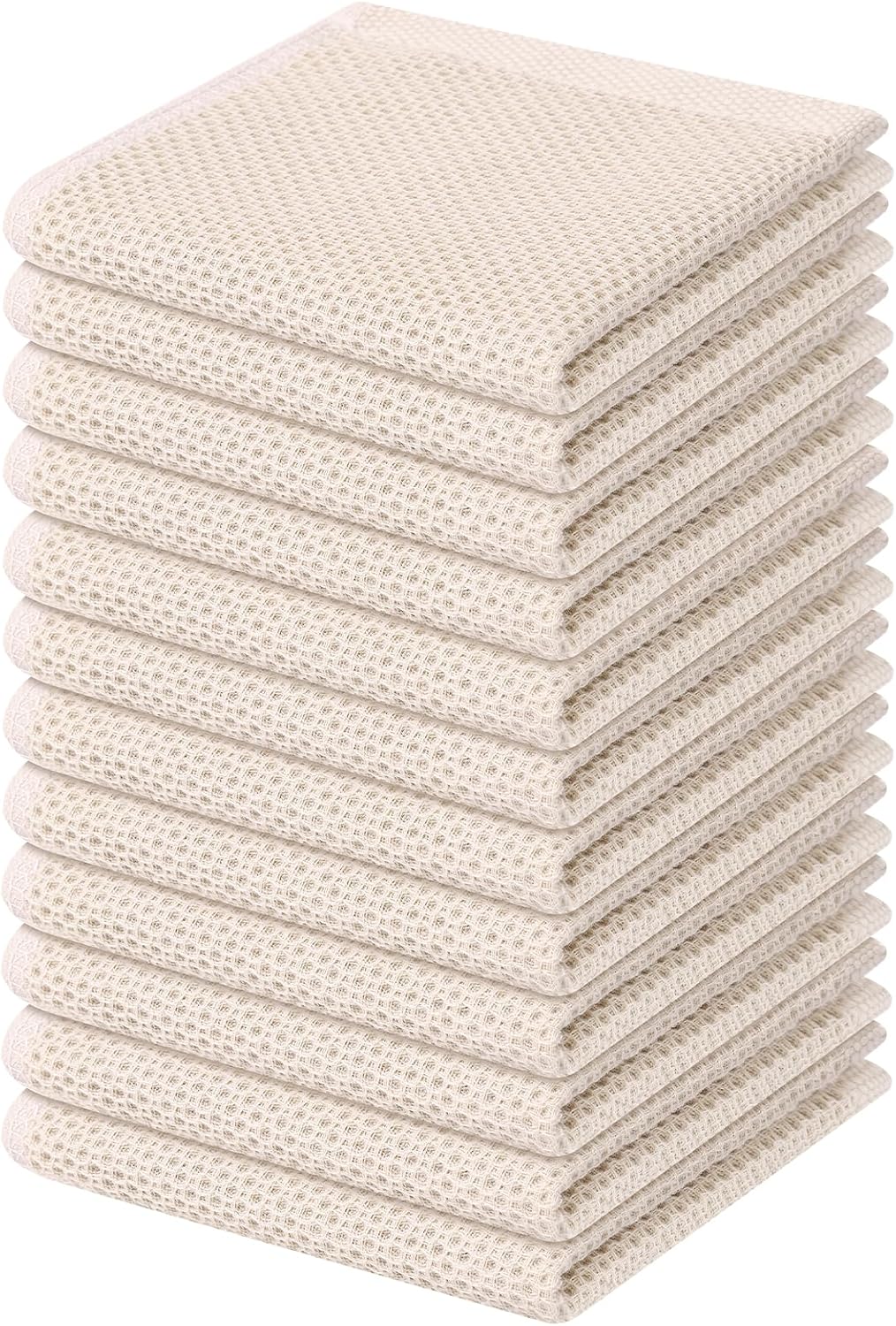 Kitinjoy 100% Cotton Kitchen Dish Cloths, 12 Pack Waffle Weave Ultra Soft Absorbent Dish Towels for Drying Dishes Quick Drying Kitchen Towels Dish Rags, 12 X 12Inch, Beige