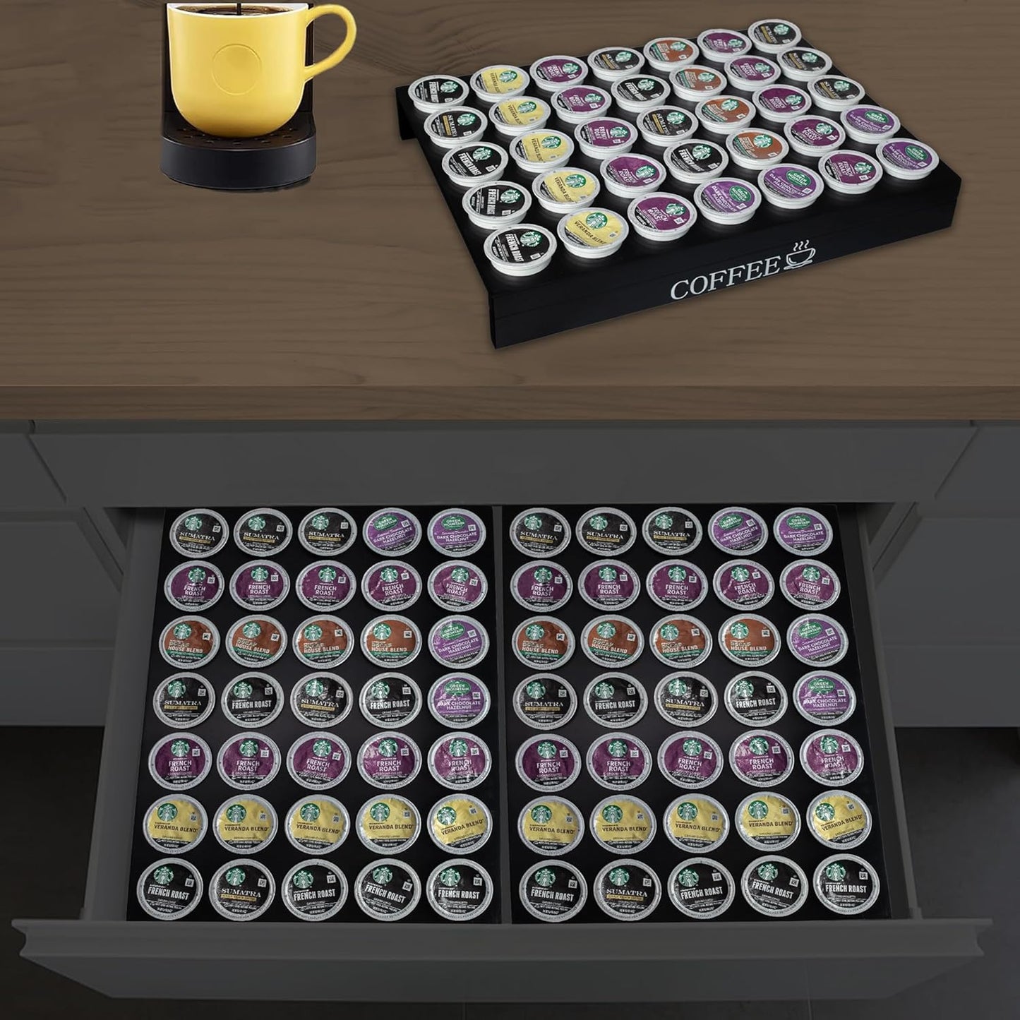MinBoo BamBoo k cup holder Drawer or Countertop k cup Organizer Coffee Pod Holder Hold 35 Coffee Pod Storage Kcup coffee pods holder for coffee station Office and Kitchen k cup storage,Black