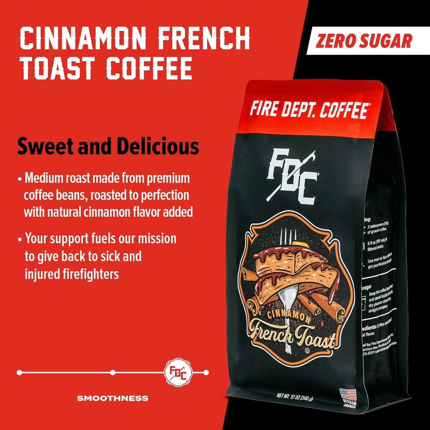 Fire Department Coffee - Gives Back to Firefighters - Cinnamon French Toast Coffee Beans - Roasted in the USA - Premium Whole Bean - Veteran Owned -12 oz