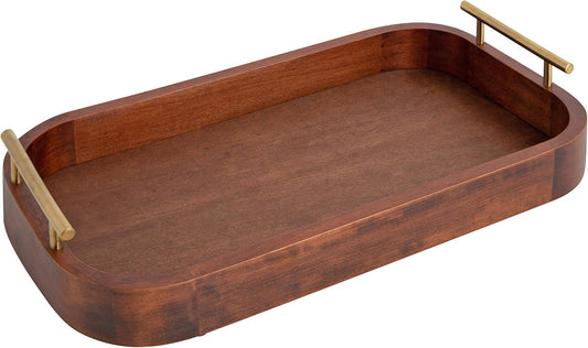 Kate and Laurel Lipton Mid-Century Rectangle Wood Tray, 10" x 18, Walnut Brown and Gold, Decorative Accent with Rounded Edges