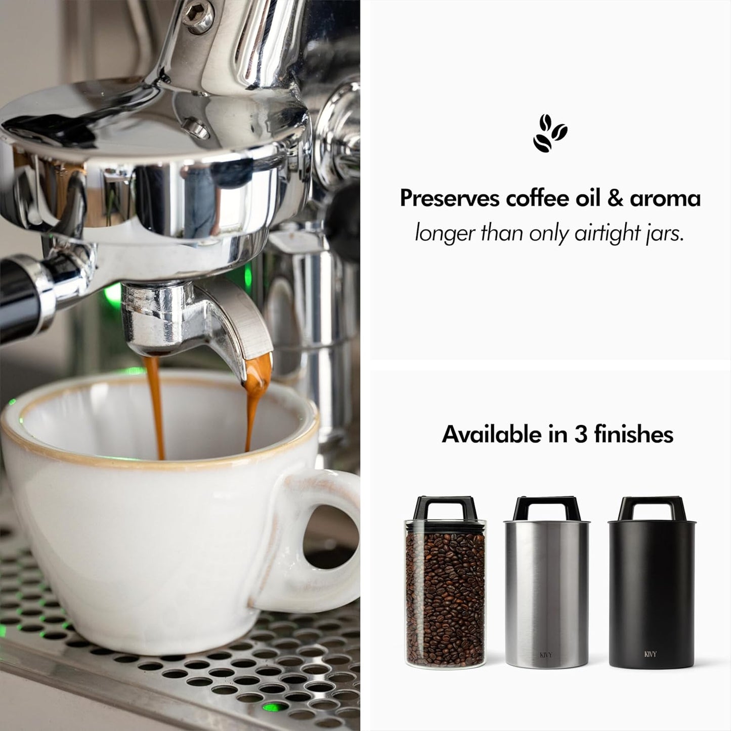 KIVY Vacuum Seal Coffee Canister [AIRTIGHT] - Coffee Canister with Airtight Lid - Airtight Jar - Air Tight Coffee Container - Coffee Storage Vacuum Canister (Stainless Steel)
