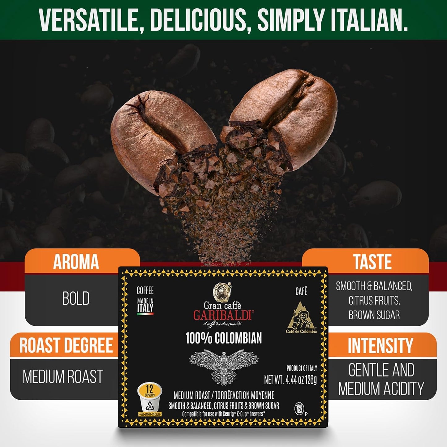 Caffè Garibaldi Colombian Coffee Pods, for Keurig K-Cup Brewers, Single Serve Cups, 100% Arabica Blend for Coffee Makers, 72 Count Recyclable Pods - Medium Roast