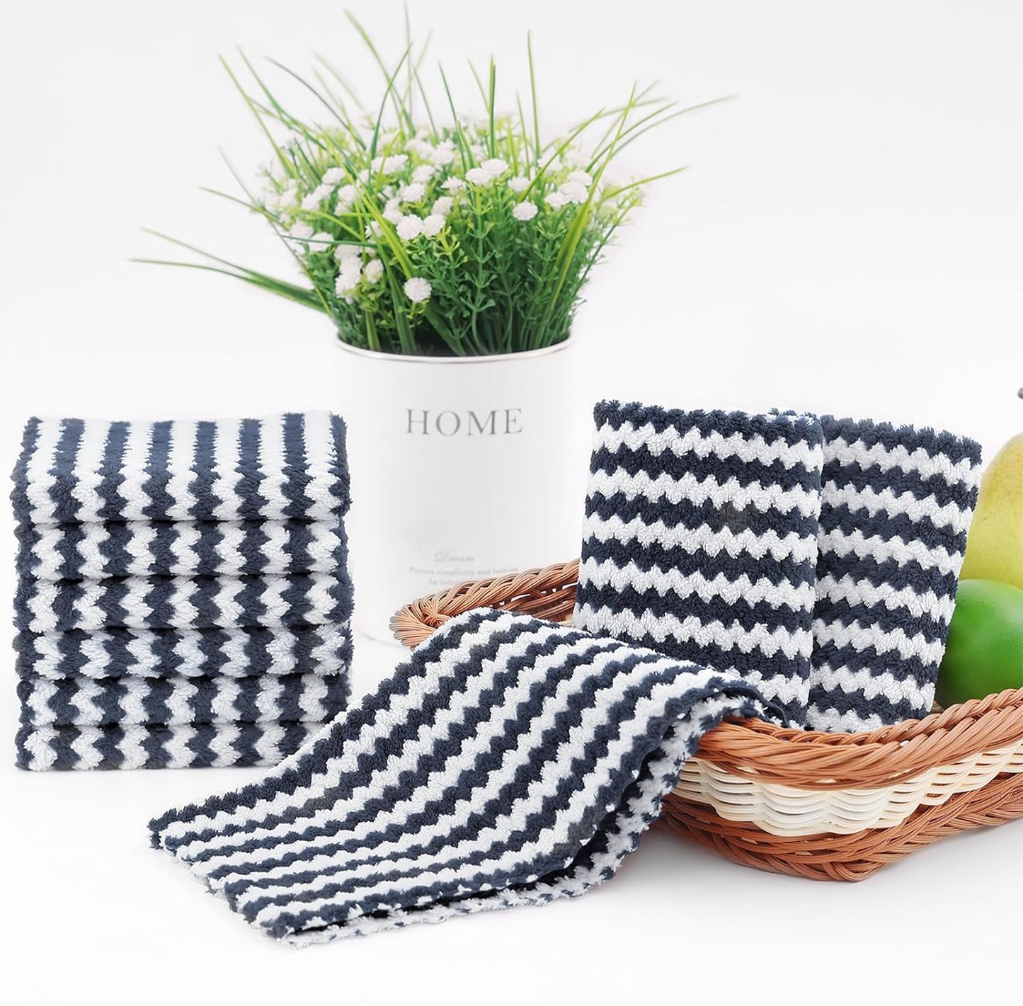 Homaxy 12 Pack Kitchen Dish Cloths, Ultra Soft and Absorbent Dish Towels, Reusable Fast Drying Microfiber Cleaning Cloth, Coral Velvet Wave Design No-lint, 10 x 10 inches, Dark Grey