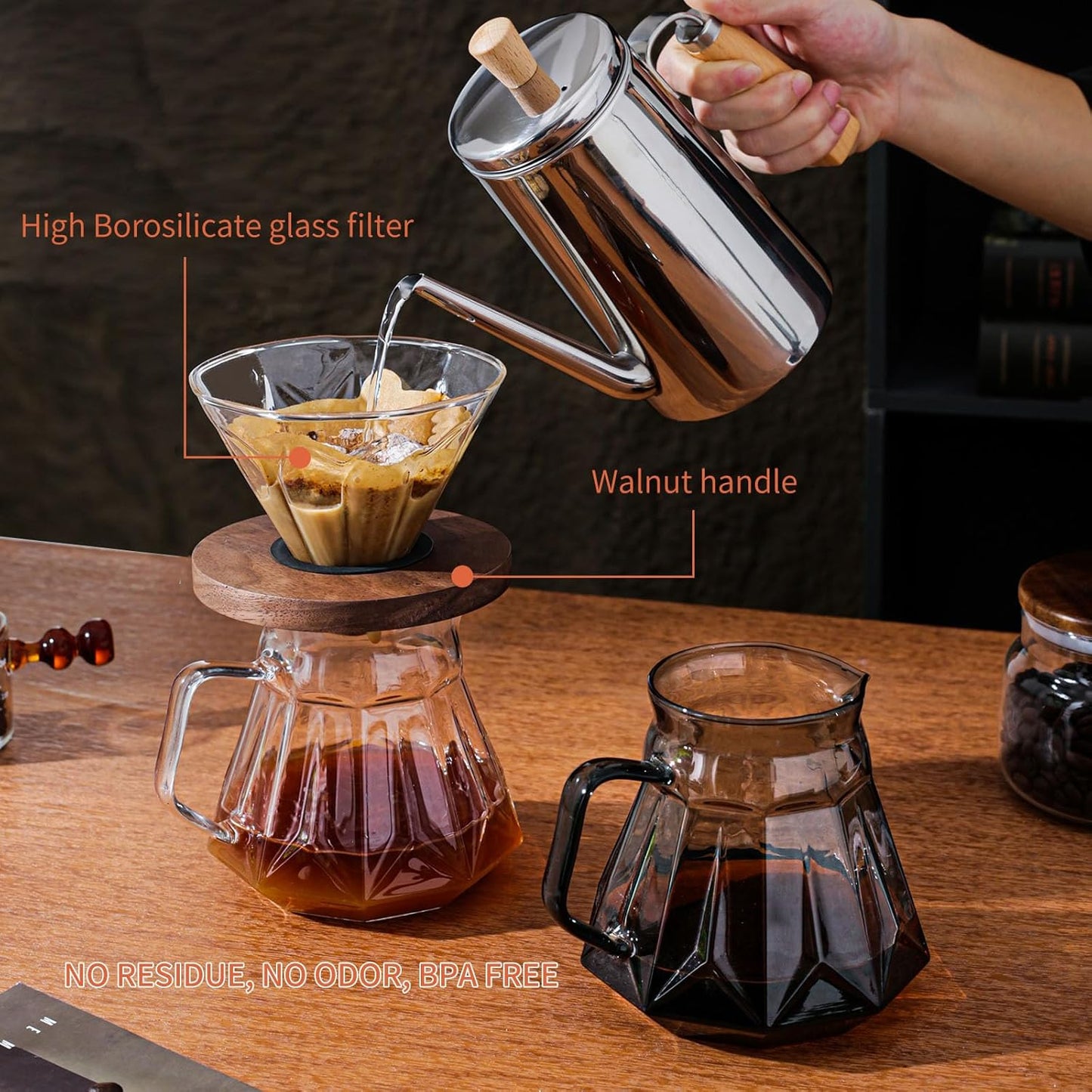 Pour Over Coffee Maker Set, 21 oz/620ml Glass Pour Over Coffee Dripper Filter Coffee Maker Kit Manual Grinder with Walnut Handle for Home Office Cafe Restaurant Camping (Clear)