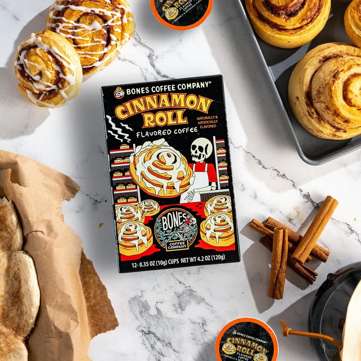 Bones Coffee Company Cinnamon Roll Flavored Coffee Pods, Low Acid Medium Roast Single-Serve Bones Cups, Compatible with 1.0 & 2.0 K-Cups Brewers Coffee Maker, 12 Count