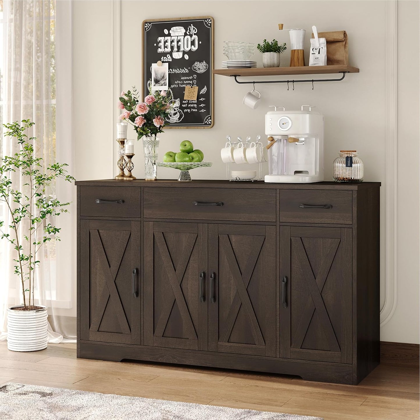HOSTACK Buffet Cabinet with Drawers, 55" Large Sideboard Buffet Storage Cabinet with Shelves and Doors, Modern Farmhouse Coffee Bar Station Wood Kitchen Table for Kitchen, Dining Room, Dark Brown
