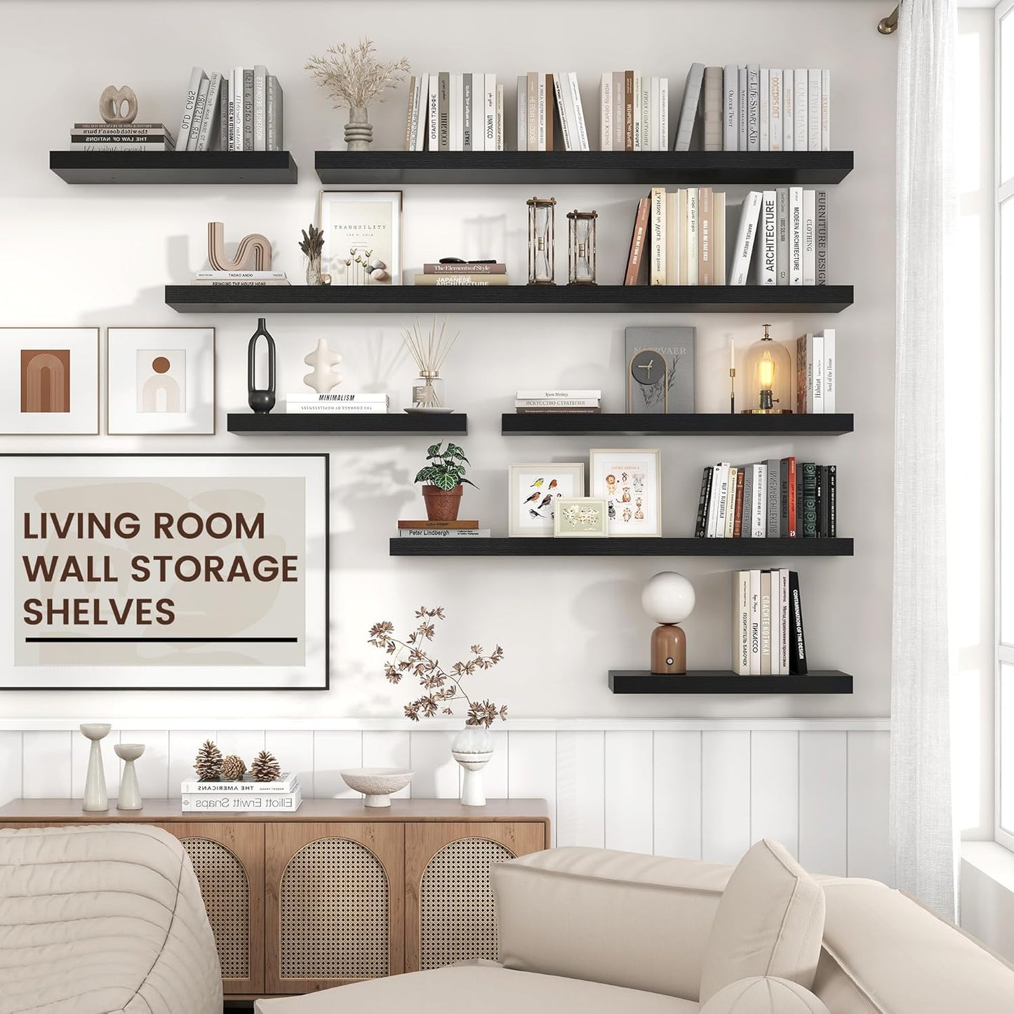 Floating Shelves - 2 Large Wall Mounted Shelves with Invisible Brackets, Long Wood Floating Wall Shelf for Living Room, Bedroom, Kitchen (Black, 24" W x 9" D x 1.5" H)