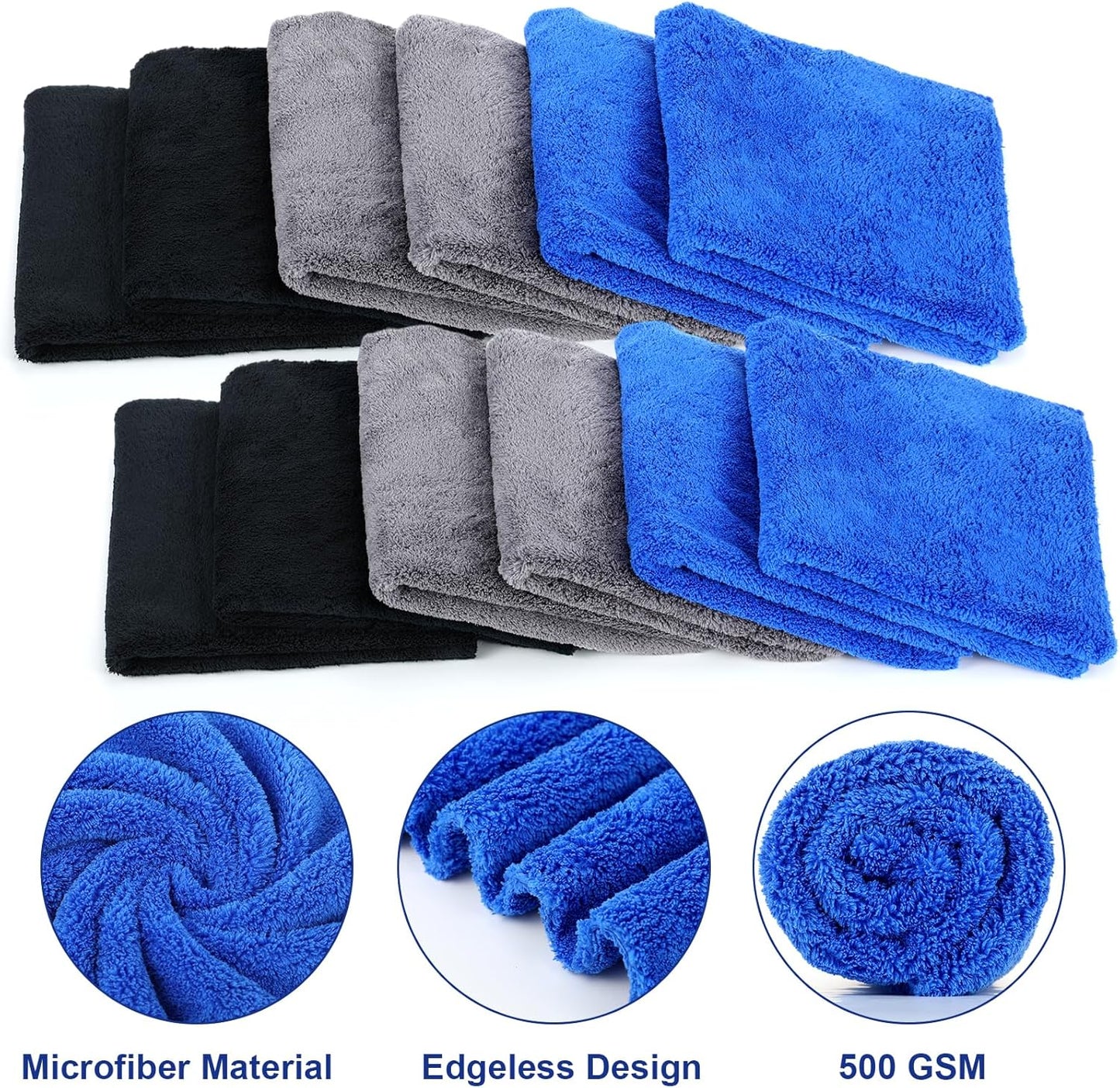 Shimeyao 30 Pcs Edgeless Microfiber Plush Towels for Cars Detailing Drying Wash Polishing Absorbent Cleaning Cloths, 500 GSM, 16 x 16 Inch(16 x 16 Inch,Navy Blue, Gray, Black,30 Pcs)