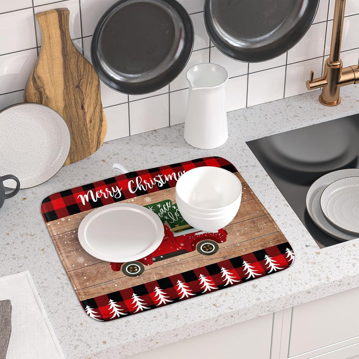 Christmas Dish Drying Mat 16 x 18 Inch with Hanging Loop High Absorbent Reversible Microfiber Red Truck Buffalo Check Plaid Dish Mat Dish Drying Pad Dish Rack Pad Drainer Mat Counter Mat