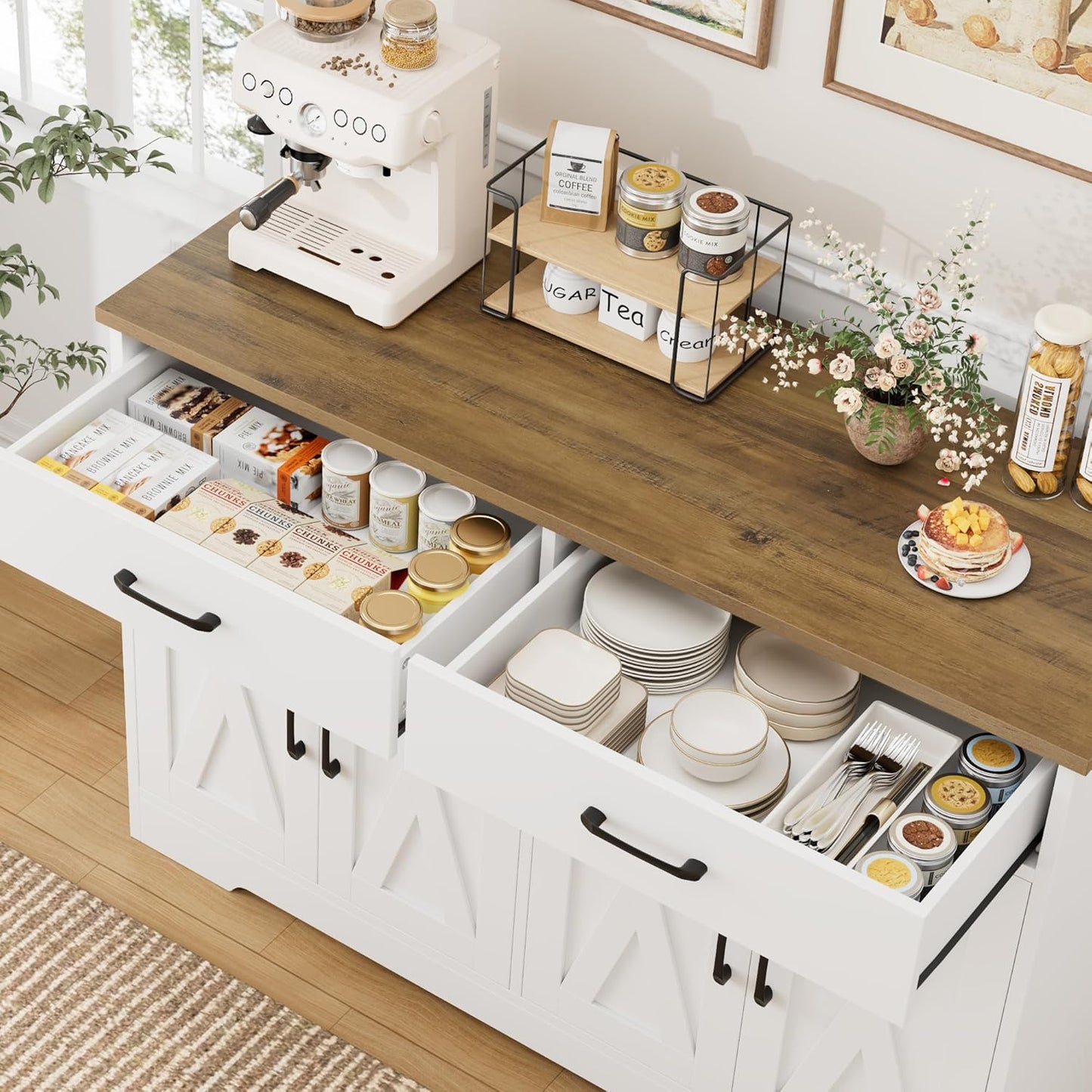 HOSTACK Buffet Cabinet with Storage, 47.2" Kitchen Sideboard Buffet with Drawers, Modern Farmhouse Coffee Bar Station with Shelves, Barn Doors Storage Cabinet for Living Room, White/Rustic Brown