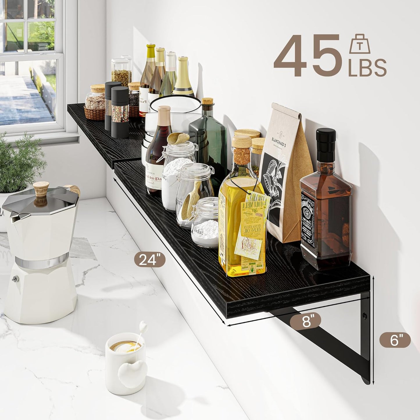 Dreamland Wall Shelves Long, 24W x 8D Wall Mounted Shelves Set of 2, Wide Display Ledge Shelf with Sturdy Metal Brackets for Living Room, Bathroom, Bedroom and Kitchen, Black