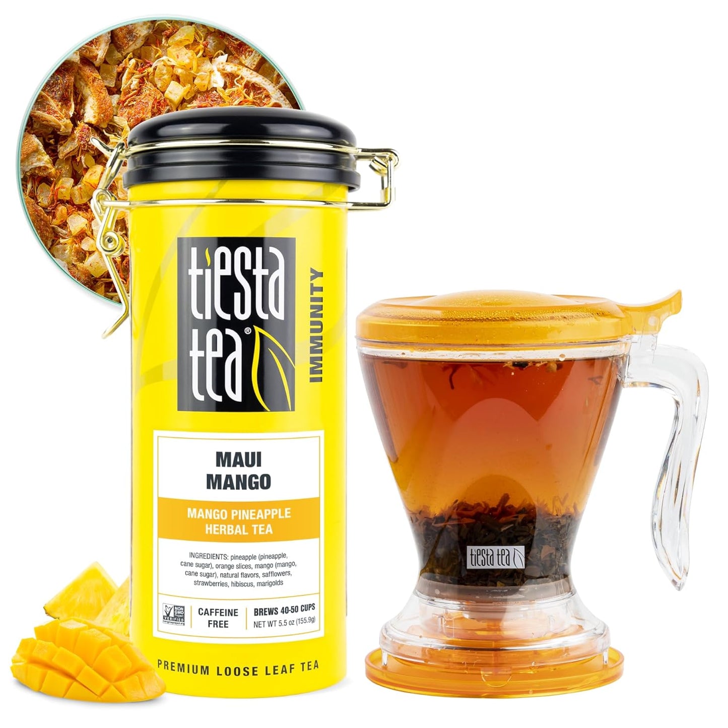 Tiesta Tea - Maui Mango Tin & Infuser Starter Set, Loose Leaf, Premium Herbal Blend, Non-Caffeinated Hot & Iced, 6oz Refillable Tin and 16oz Brewmaster Coffee Bottom Dispensing Tea Infuser