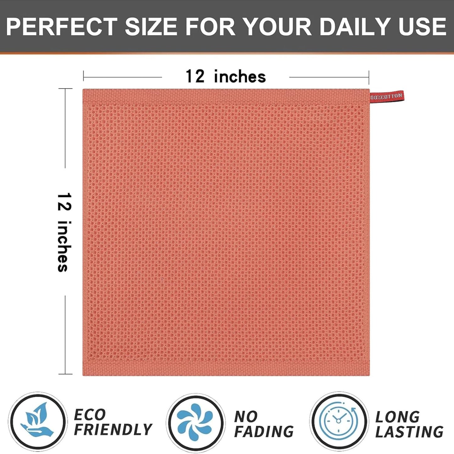 Kitinjoy 100% Cotton Kitchen Dish Cloths, 6 Pack Waffle Weave Ultra Soft Absorbent Dish Towels for Drying Dishes Quick Drying Kitchen Towels Dish Rags, 12 X 12 Inches, Coral