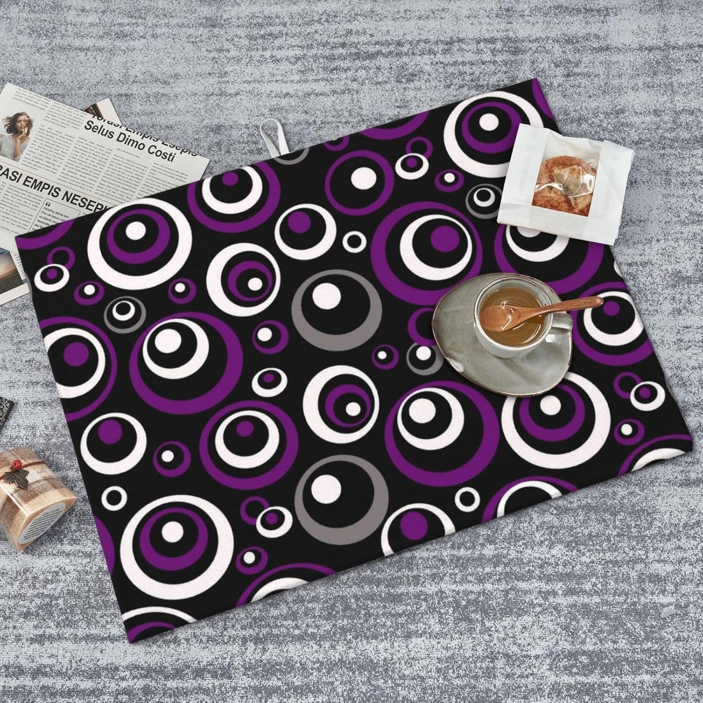 Purple Black White Geometric Circle Pattern Dish Drying Mat for Kitchen Counter, 18x24 inch Absorbent Reversible Microfiber Kitchen Countertop Protector Dishes Drying Pad for Dishes, Sink, Coffee Bar