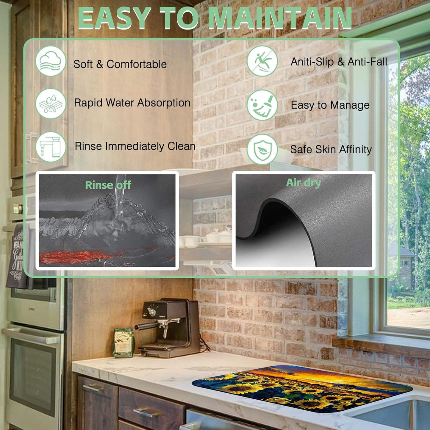 Sunflower Field Dish Drying Mat,16"X24" Absorbent Fast Dish Drying Mat for Kitchen Counter Pot and Pan, Kitchen Accessories