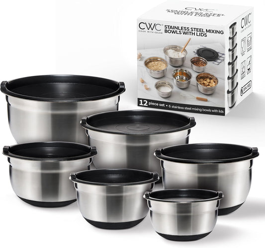 COOK WITH COLOR Stainless Steel Mixing Bowls Set with Lids - Nesting Bowls with Non-Slip Bottom, Black, 12 Pieces