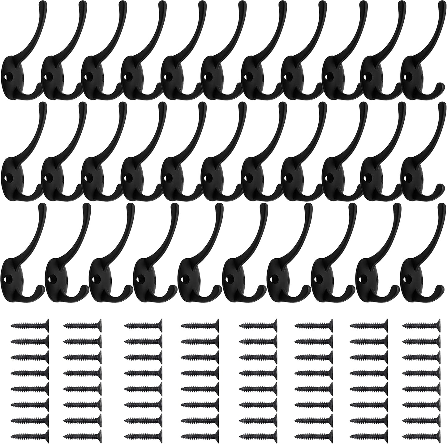 IBosins 32 Pack Black Coat Hooks Wall Mounted with 64 Screws Retro Double Hooks Utility Black Hooks for Coat, Scarf, Bag, Towel, Key, Cap, Cup, Hat