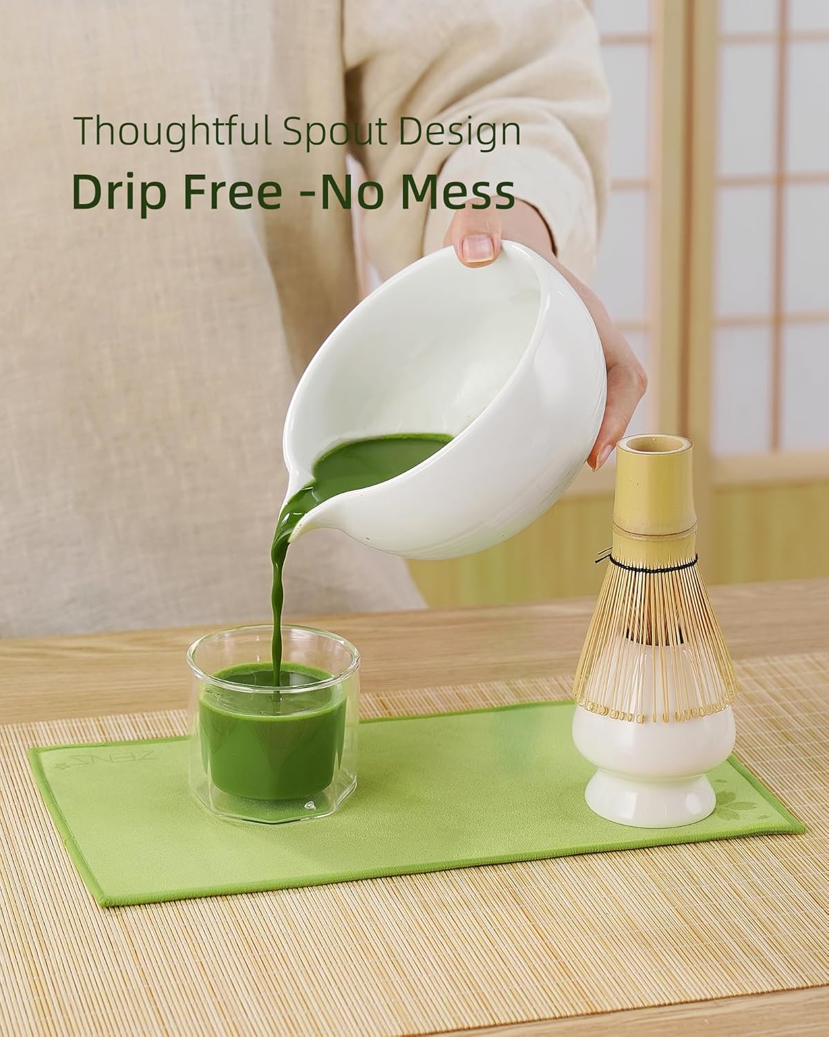 ZENS Matcha Whisk Set, 6pcs Matcha Kit Set Includes Ceramic Bowl and Bamboo Whisk & (Chasen Holder), Sifter, Scoop -Tea Towel, Japanese Chawan with Spout for Lovers, White