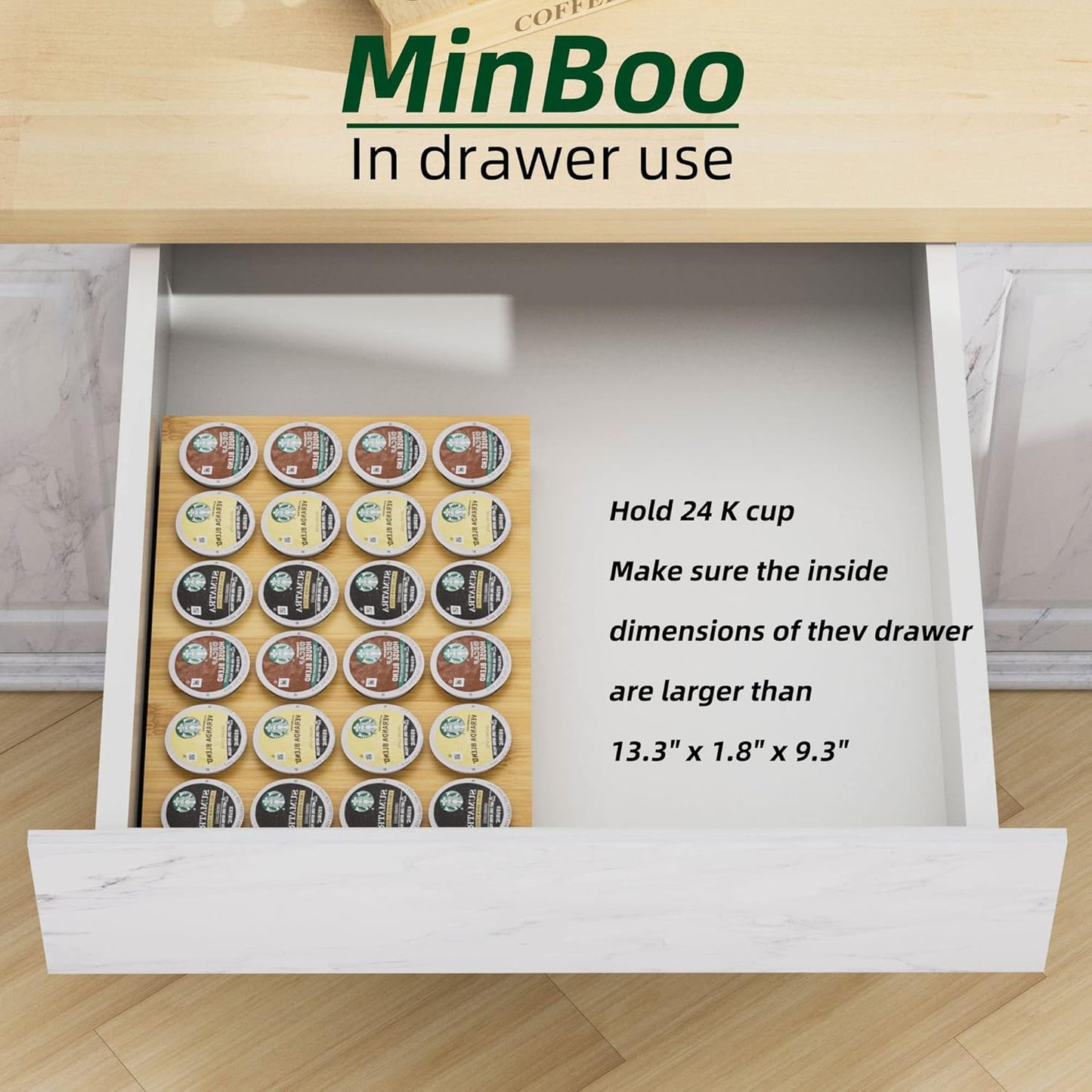 MinBoo BamBoo k cup holder Drawer or Countertop k cup Organizer Coffee Pod Holder Hold 24 Coffee Pod Storage Kcup coffee pods holder for coffee station Office and Kitchen k cup storage