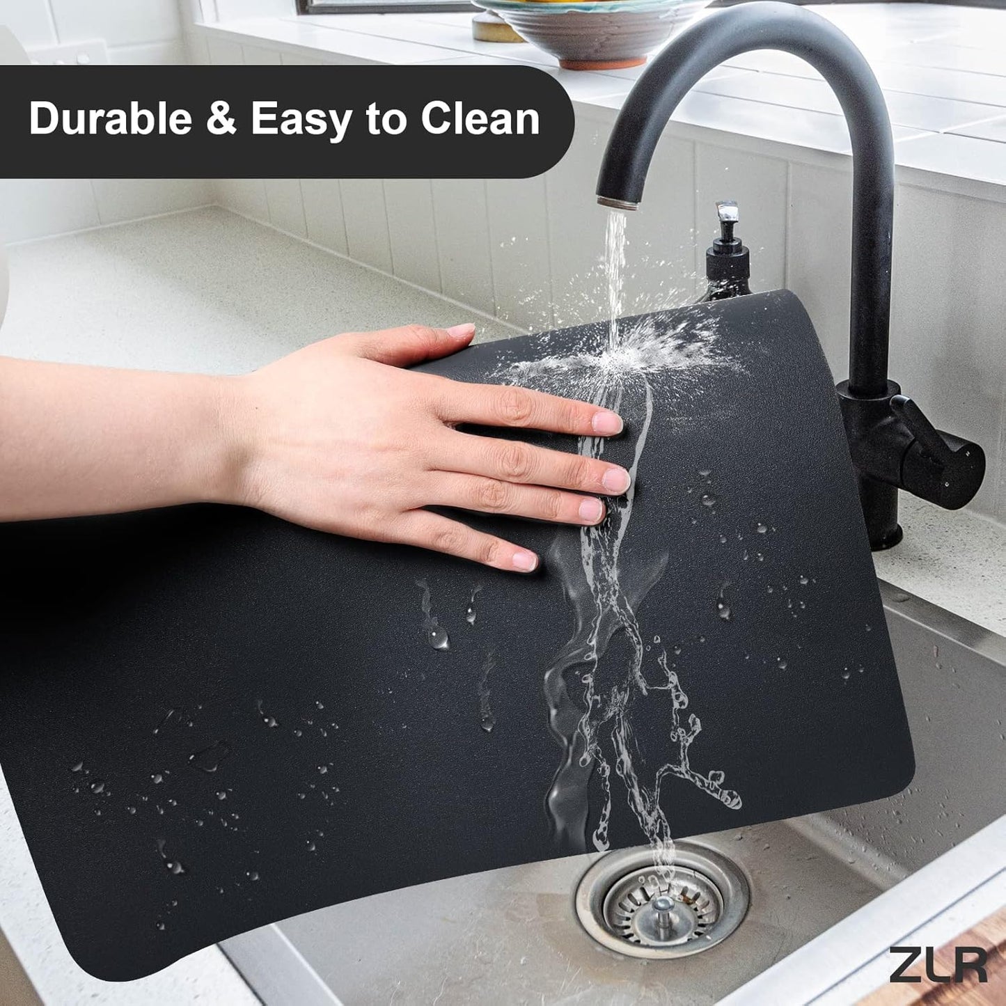 ZLR Coffee Mat - 16" x 20" Large Kitchen Hide Stain Absorbent Dish Drying Mat for Countertop - Easy to Clean Coffee Bar Mat for Espresso Machine and Spill Protection - Black