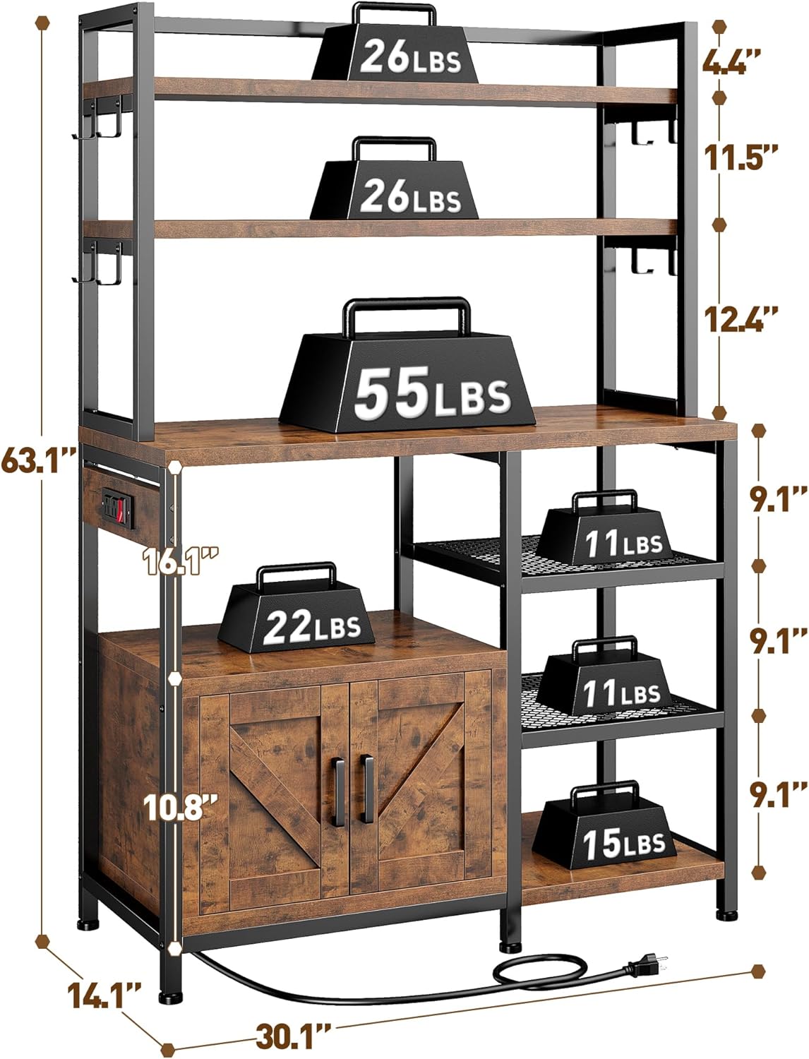 EnHomee Bakers Rack with Power Outlet, 6 Tier Microwave Stand, Coffee Bar Organizer with 8 L-Shaped Hooks, Kitchen Shelves with Storage, 14.1 x 30.1 x 63.1 Inches, Rustic Brown