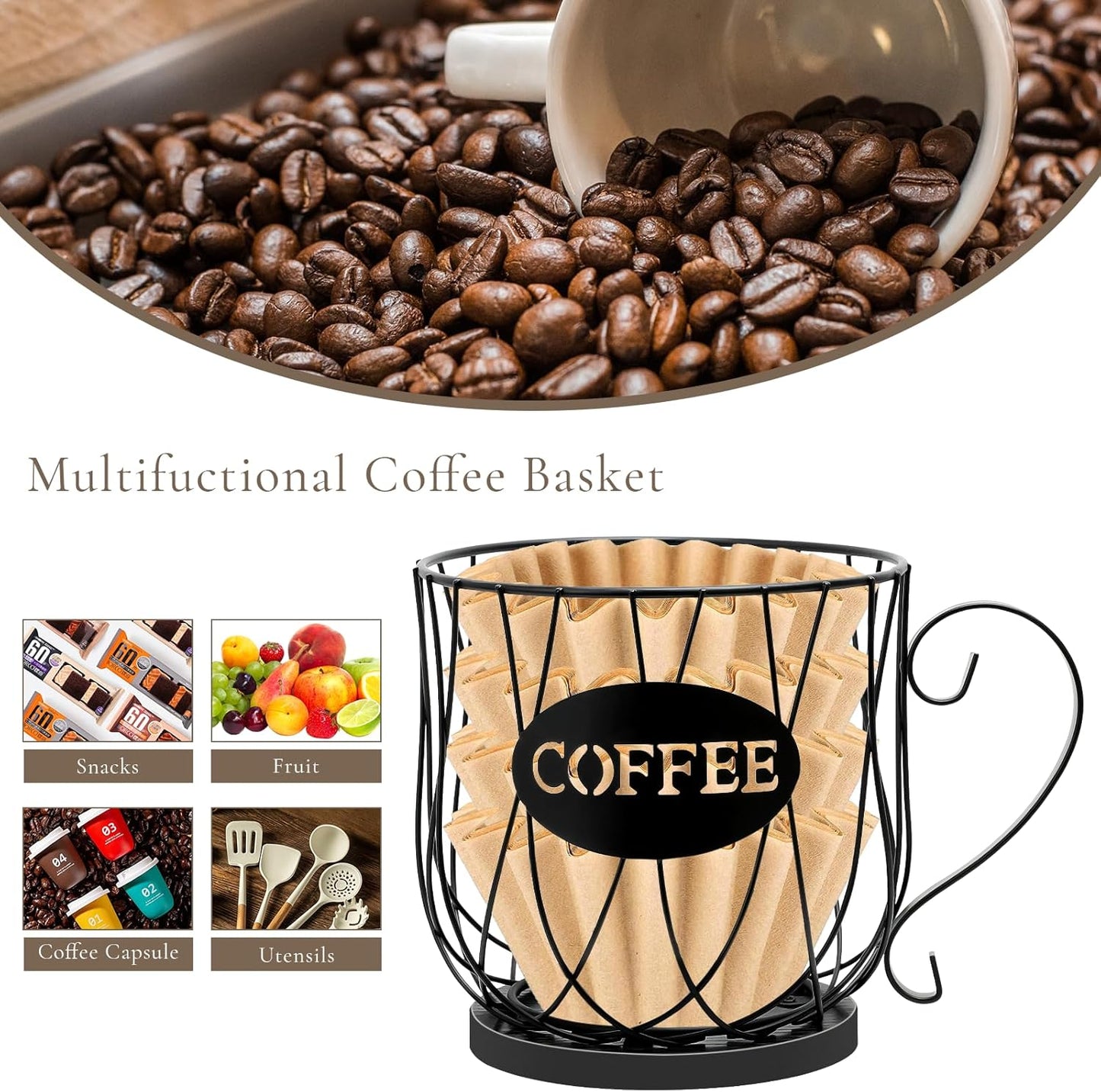 Coffee Pod Holder Organizer, Large Capacity K Cup Holder Organizer, Storage Basket for Kitchen Countertop Office Coffee Bar with Wooden Base(Rustic Black-Round)