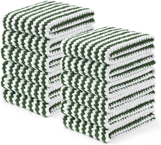 Homaxy Kitchen Towels(12 Pack, 10 x 20 inches), Ultra Soft and Absorbent Dish Towels, Reusable Fast Drying Microfiber Cleaning Cloth, Coral Velvet Wave Design No-lint, Grass Green