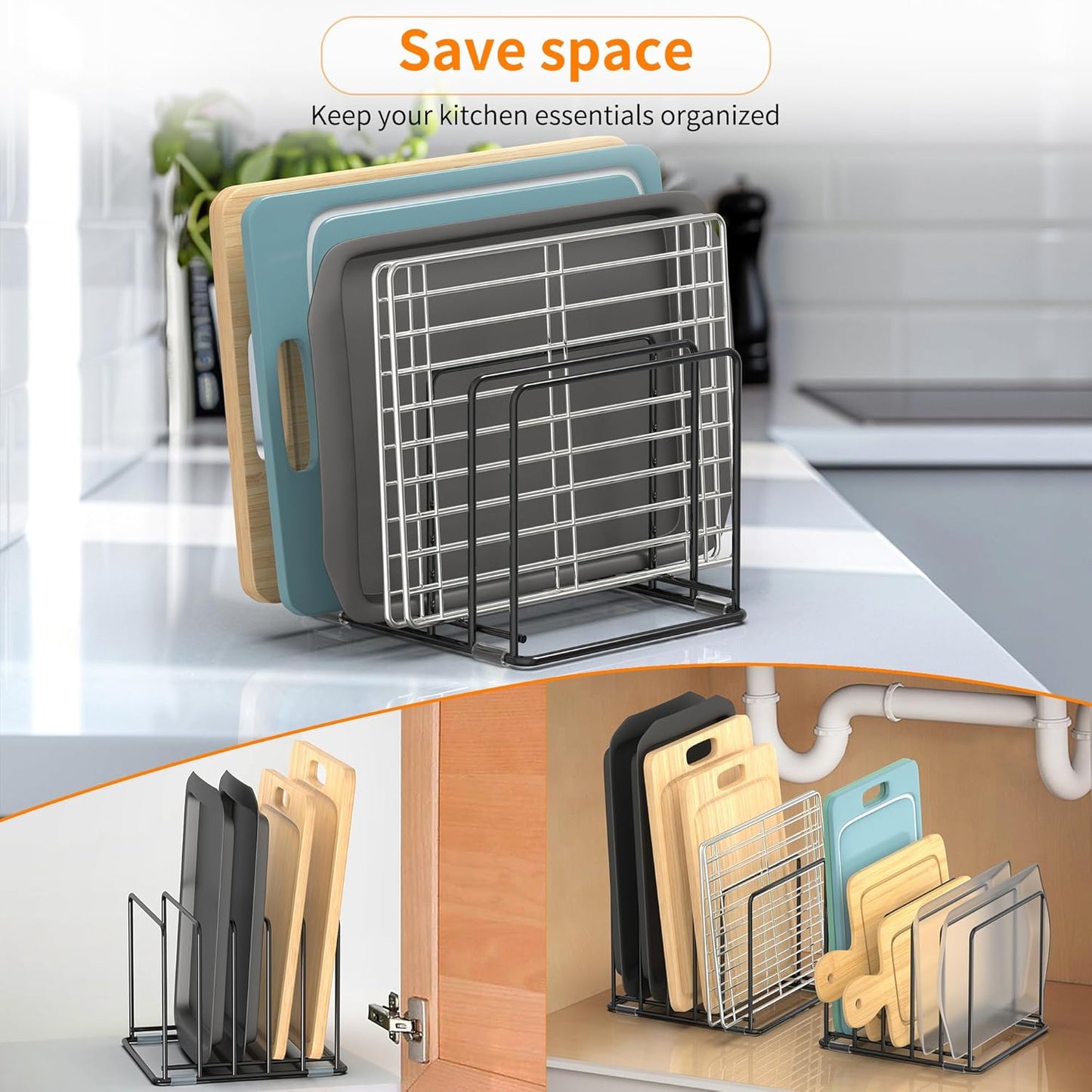 Cutting Board Organizer, [2-Pack] Kitchen Cabinet Organizer, Divided Rack with 5 Slots for Baking Trays, Cutting Boards - Cookie sheet Organizer Inside Cabinet, Baking Sheets Holder (Large)