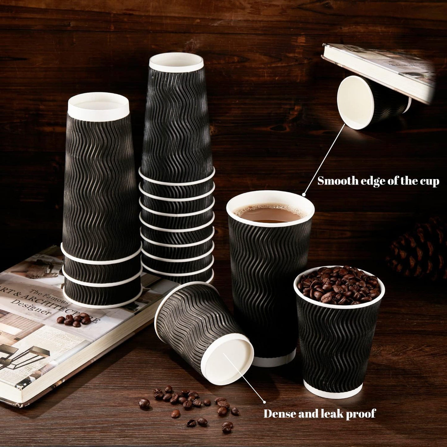Lamosi 16 oz Coffee Cups - 90 Pack, Disposable Insulated Corrugated Paper Cups 16oz, Kraft Ripple Wall Cups for Hot Beverage or Cold Drinks (Black)
