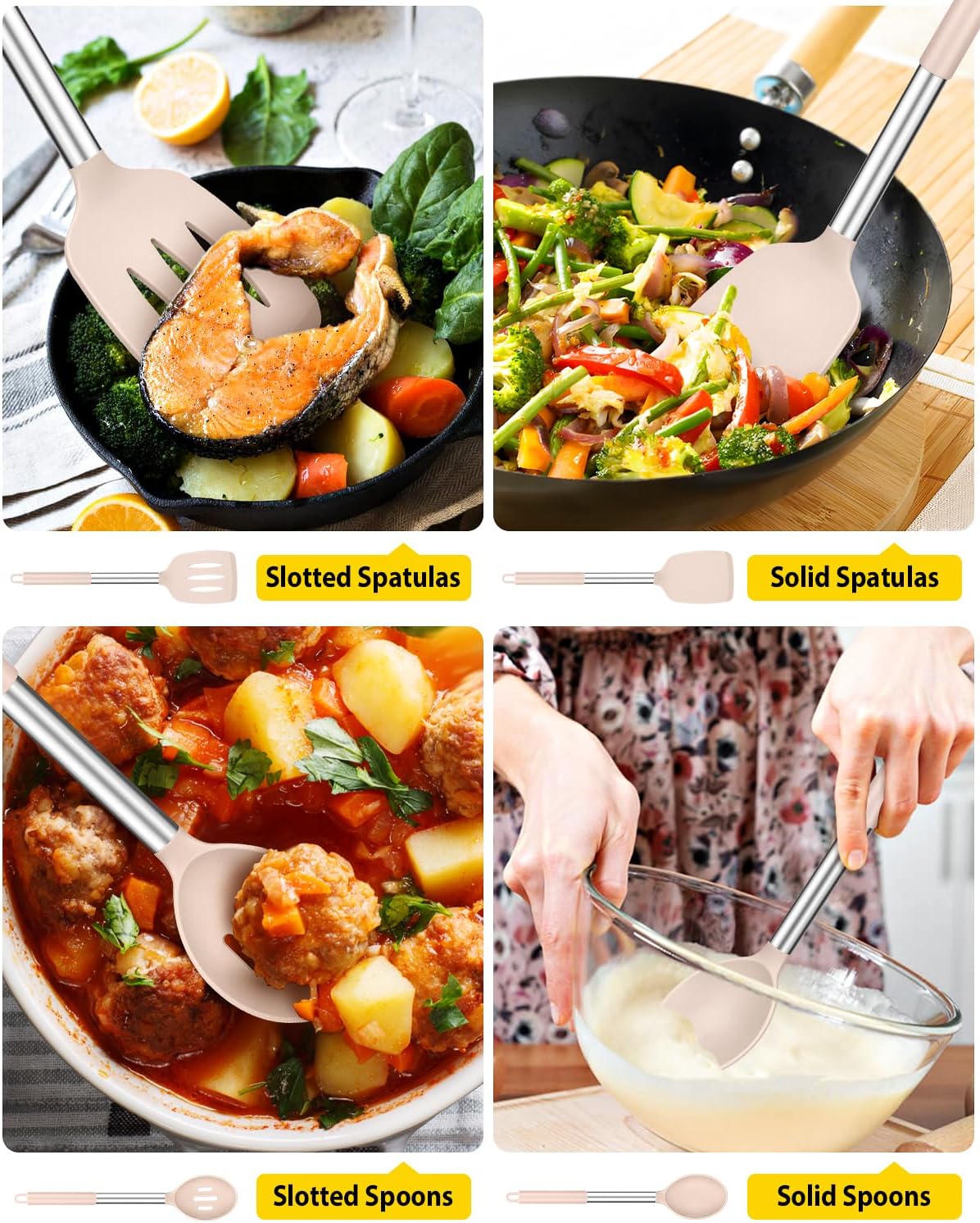 Pack of 4 Silicone Cooking Utensils Set, Non Stick Large Solid Spatulas, Heat Resistant Stainless Steel Khaki Slotted Spoons, Ideal BPA Free Kitchen Turners for Frying, Mixing,Serving,Draining,Turning