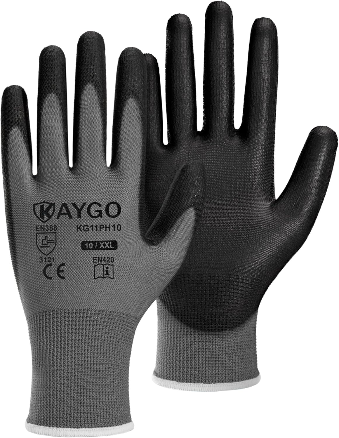 KAYGO Safety Work Gloves PU Coated, 60 Pairs KG11PB, Seamless Knit Glove with Polyurethane Coated Smooth Grip on Palm & Fingers, for Men and Women (X-Large, Gray)