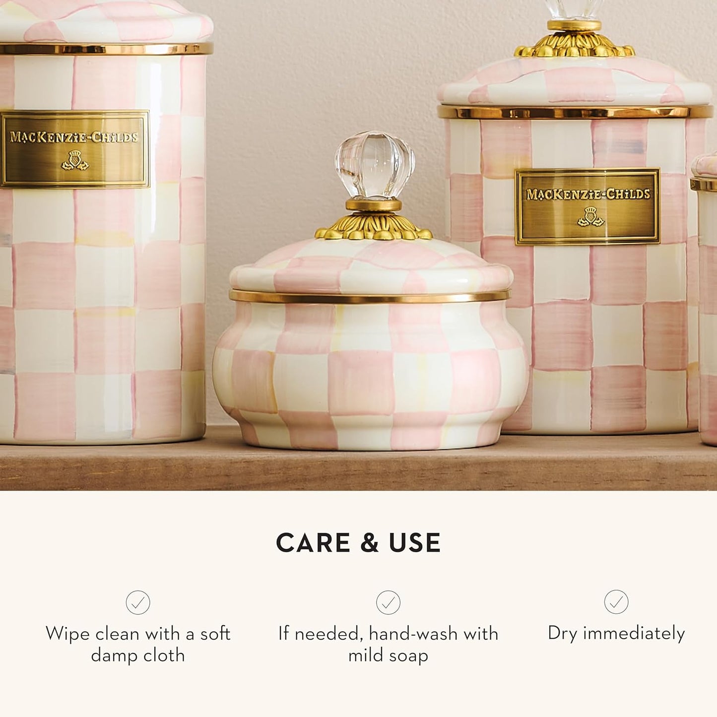 MACKENZIE-CHILDS Enamel Squashed Pot, Cute Enameled Container with Lid, 20 Ounces, Pink-and-White Rosy Check