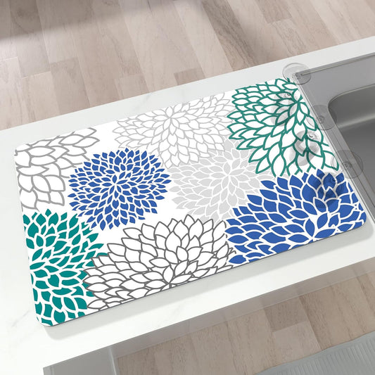 Dish Drying Mat for Kitchen Counter, 12" X 20" Absorbent Coffee Bar Mat Rubber Backing, Easy to Clean Kitchen Drying Matt for Dishes, Utensils, Countertops, Outlined Floral