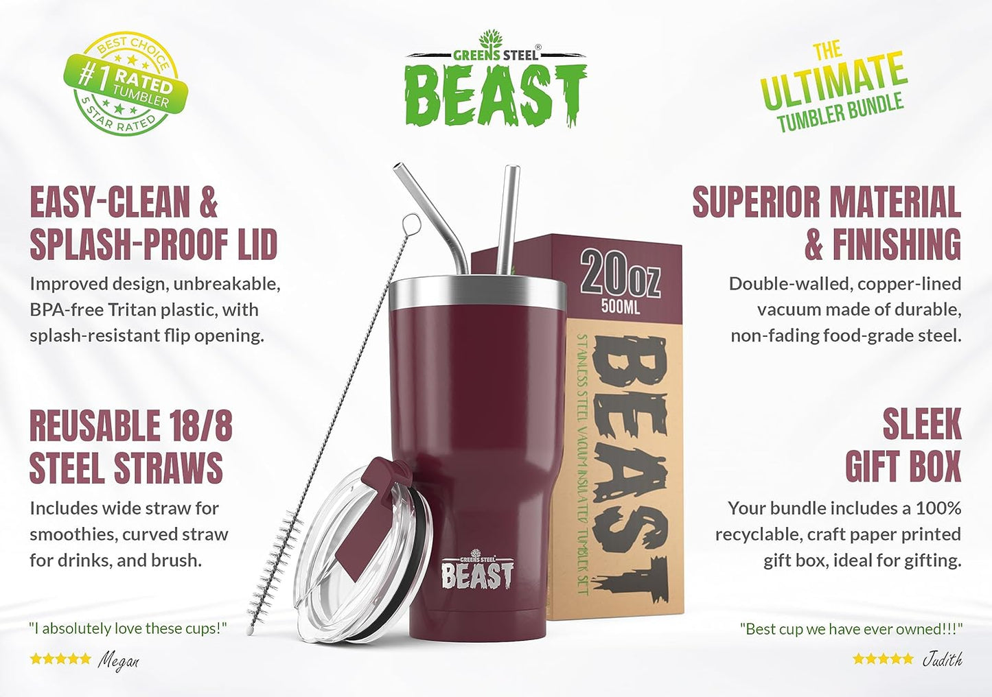 Beast 20 oz Tumbler Stainless Steel Vacuum Insulated Coffee Ice Cup Double Wall Travel Flask (Cranberry Red)