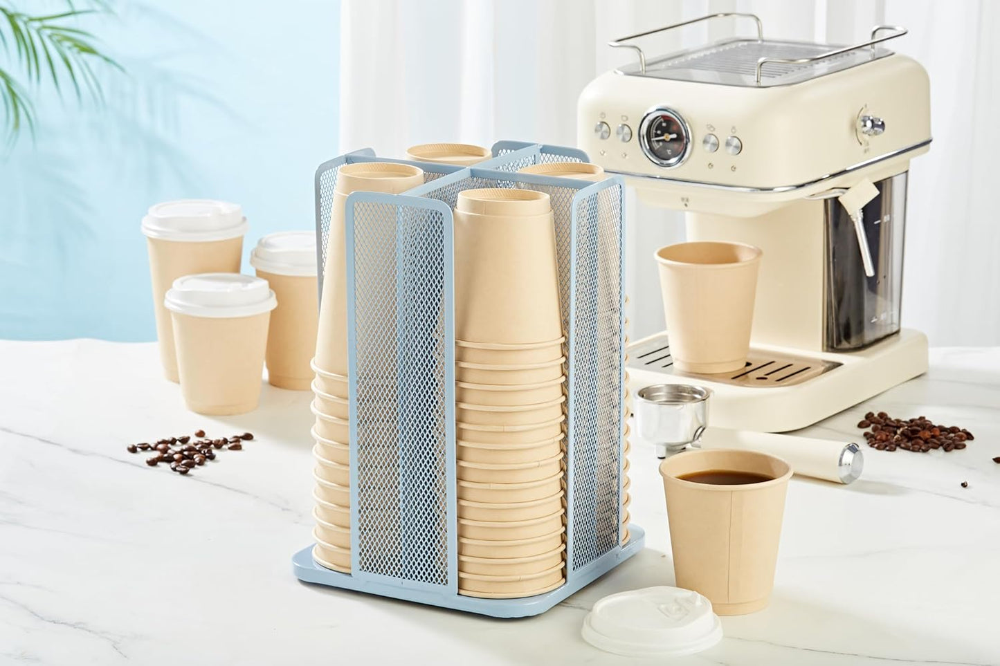 Annova Paper/Plastic Cup and Lid Holder Plastic Storage Organizer, 360°Rotating Coffee Mup Dispenser with 4 Compartments, Multifunctional Storage Rack for Home, Office, Bar, Coffee Shop (New Blue)