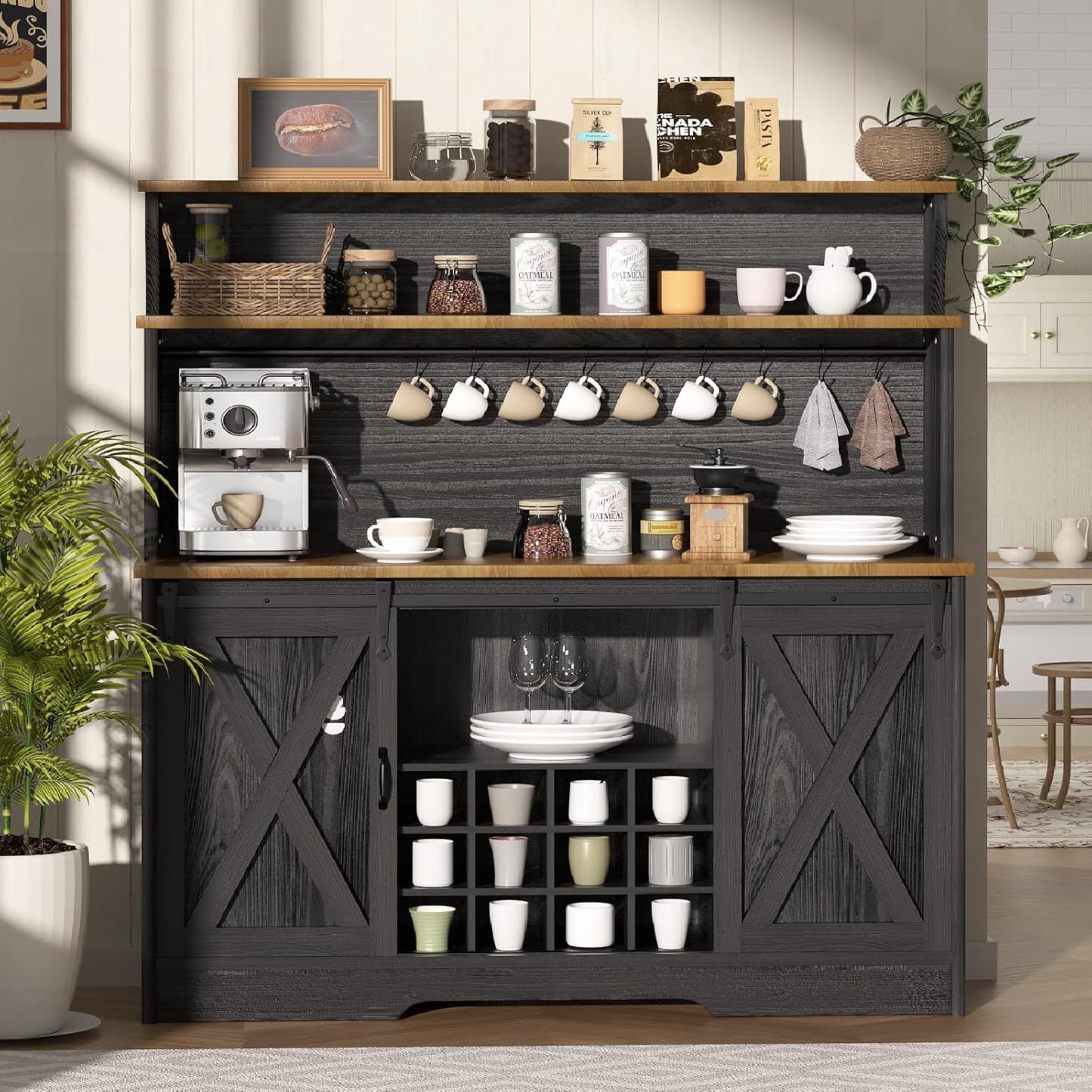 55'' Farmhouse Coffee Bar Cabinet with 3 Tier Storage Hutch, Coffee Bar Station with Sliding Barn Door, Hutch Storage Cabinet with 12 Wine Racks & 9 Hooks for Kitchen Dining Living Room