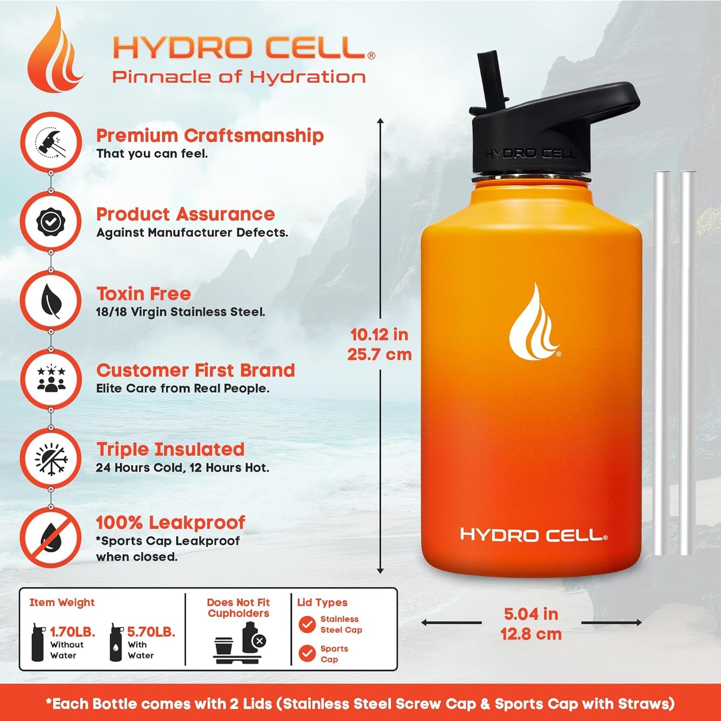 HYDRO CELL Stainless Steel Insulated Water Bottle with Straw - For Cold & Hot Drinks - Metal Vacuum Flask with Screw Cap and Modern Leakproof Sport Thermos for Adults (Red/Orange 64oz)