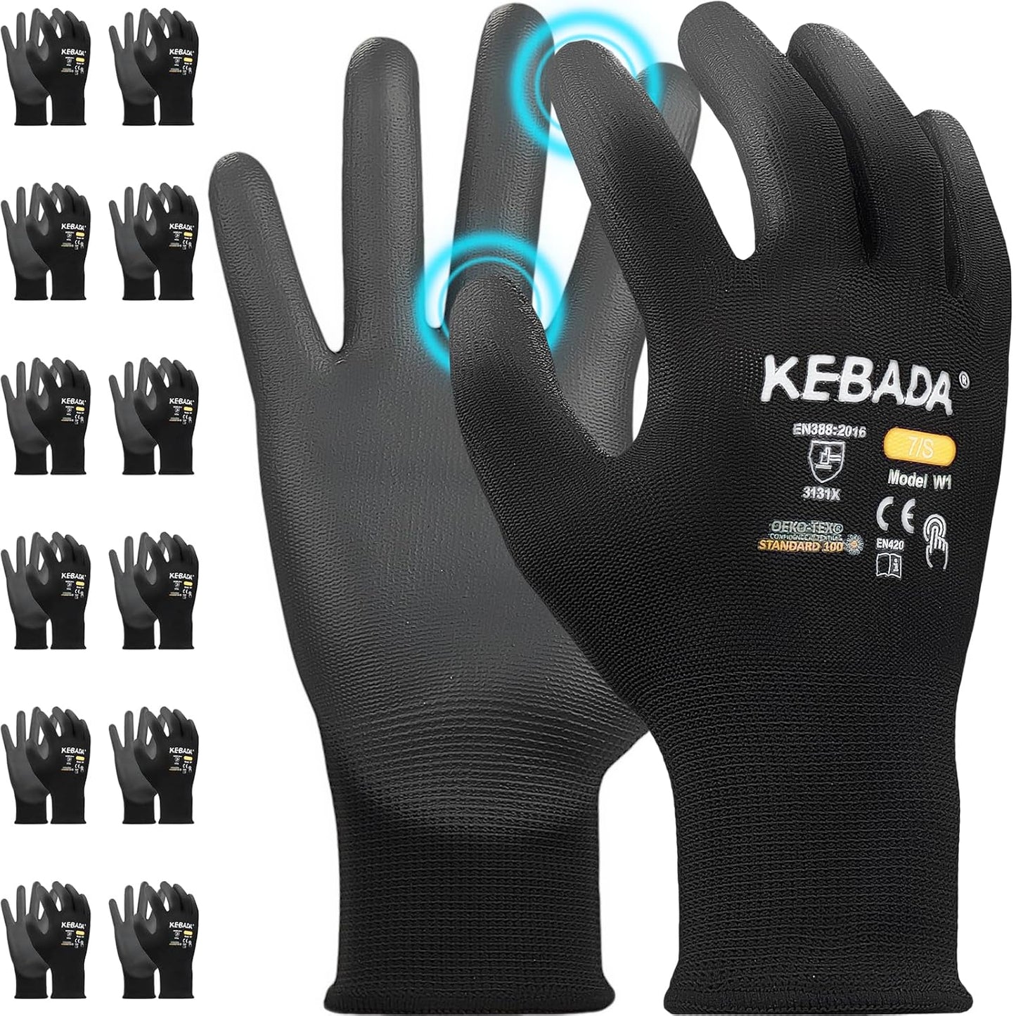 Kebada W1 Work Gloves for Men and Women, PU Coated Safety Gloves with Grip, Touchscreen, Ideal for Warehouse Package Handling, Construction, Gardening, Black X-Large