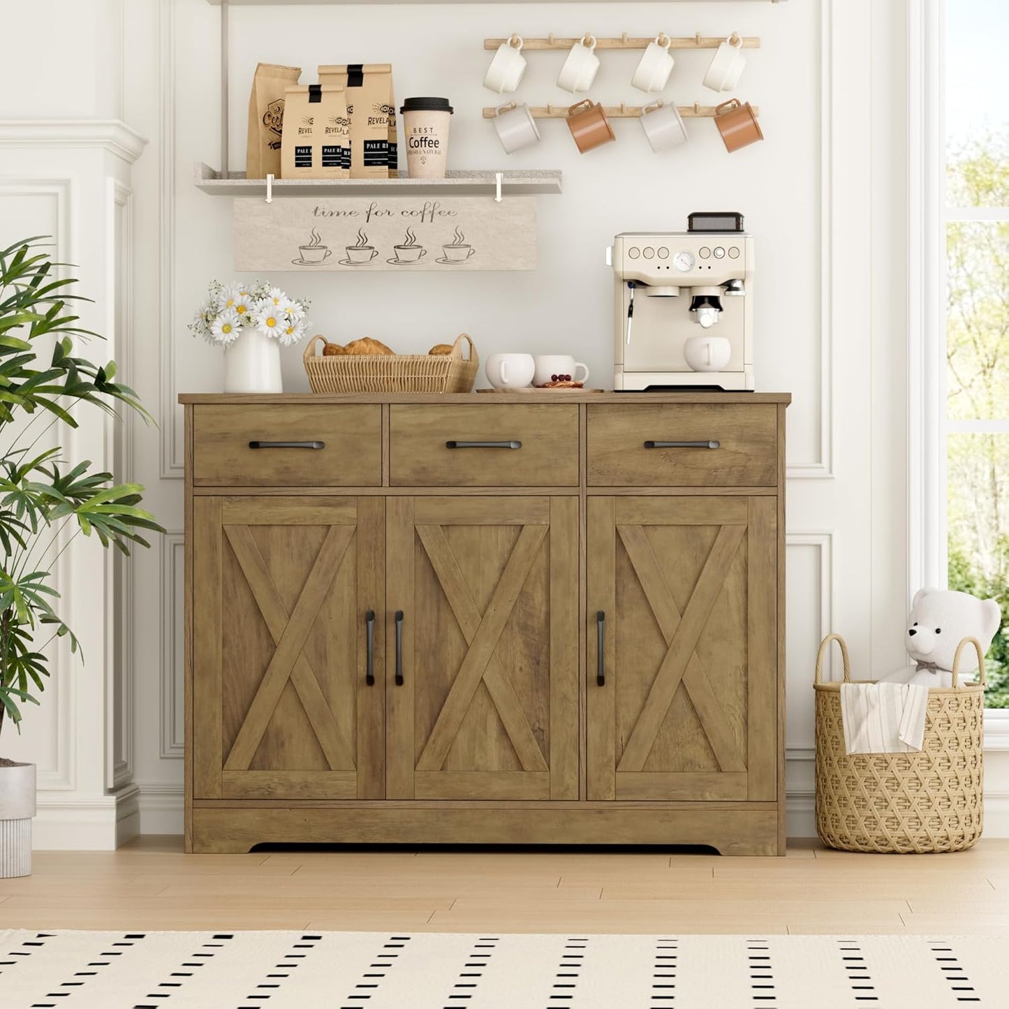 HOSTACK Modern Farmhouse Buffet Sideboard Cabinet, Barn Doors Storage Cabinet with Drawers and Shelves, Wood Coffee Bar Station for Dining Room, Kitchen, Living Room, Rustic Brown