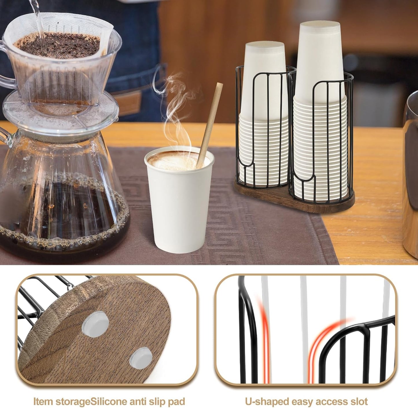 2-Compartment 18oz Coffee Cup Dispenser Rack with Wood Base, Disposable Cup, and Lid Organizer for Countertop - Perfect for Paper Cups, and Lid Organizer