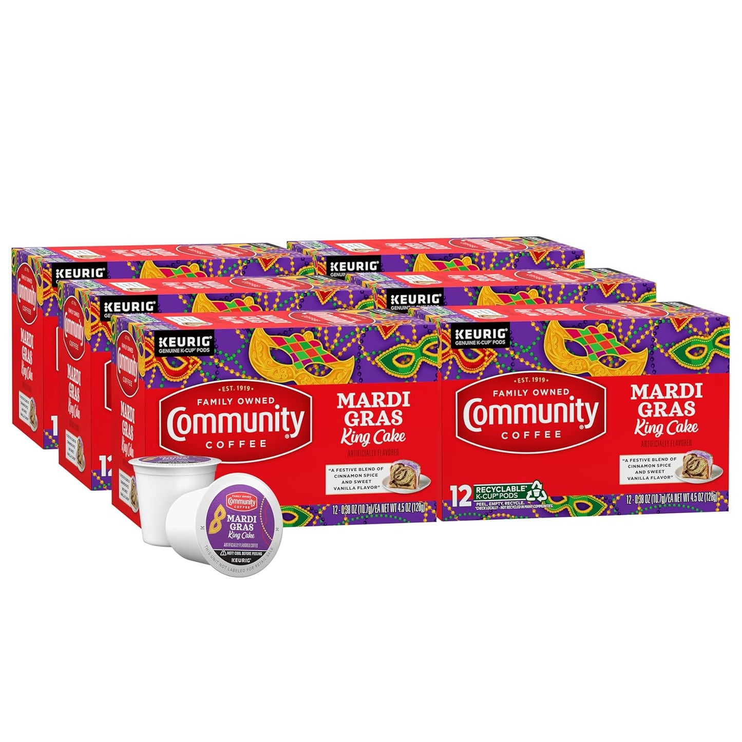 Community Coffee Mardi Gras King Cake Flavored 72 Count Coffee Pods, Medium Roast, Compatible with Keurig 2.0 K-Cup Brewers (Pack of 6, 72 Count)