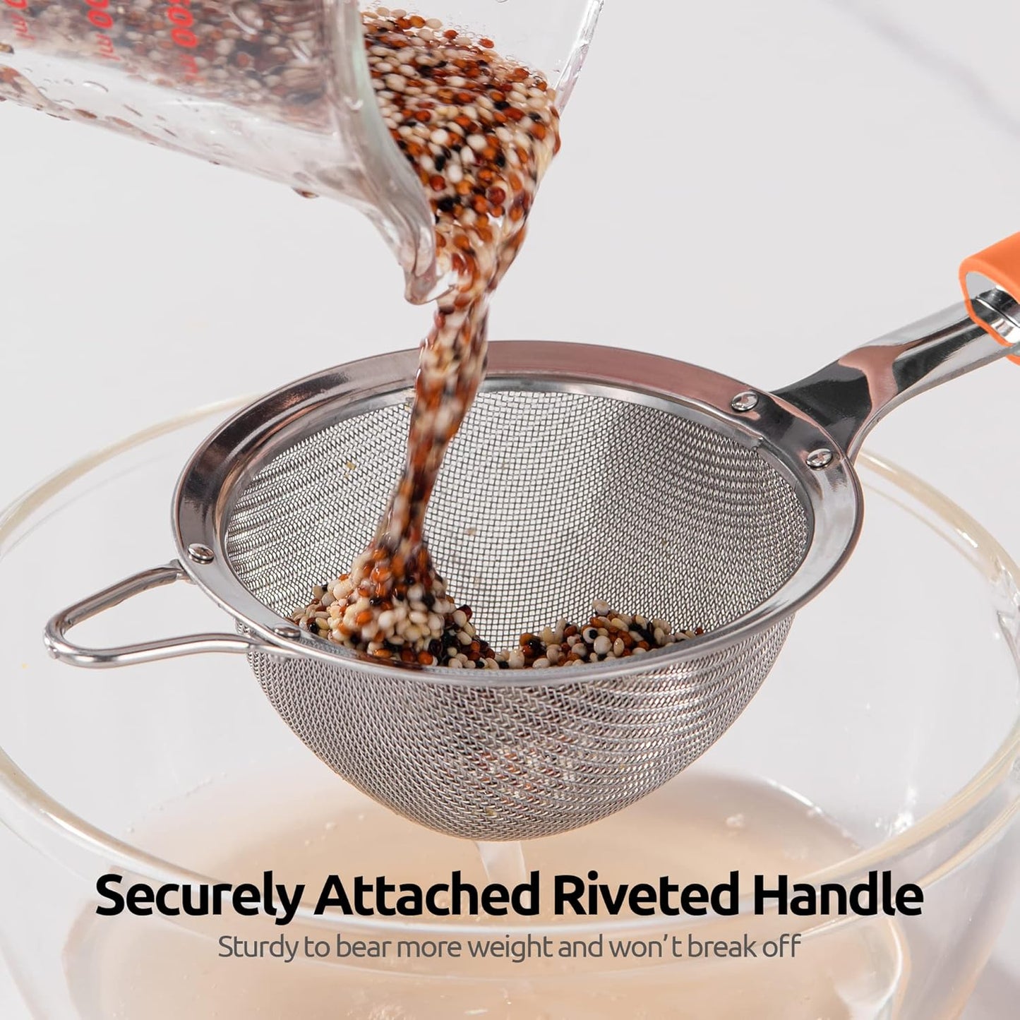 18/8 Stainless Steel Mesh Strainer: U-Taste 3.9 Inch Kitchen Fine Mesh Sieve Food Colander with Riveted Sturdy Silicone Handle and 30 Mesh Hole for Straining Flour, Quinoa, Tea, Juice (Orange)