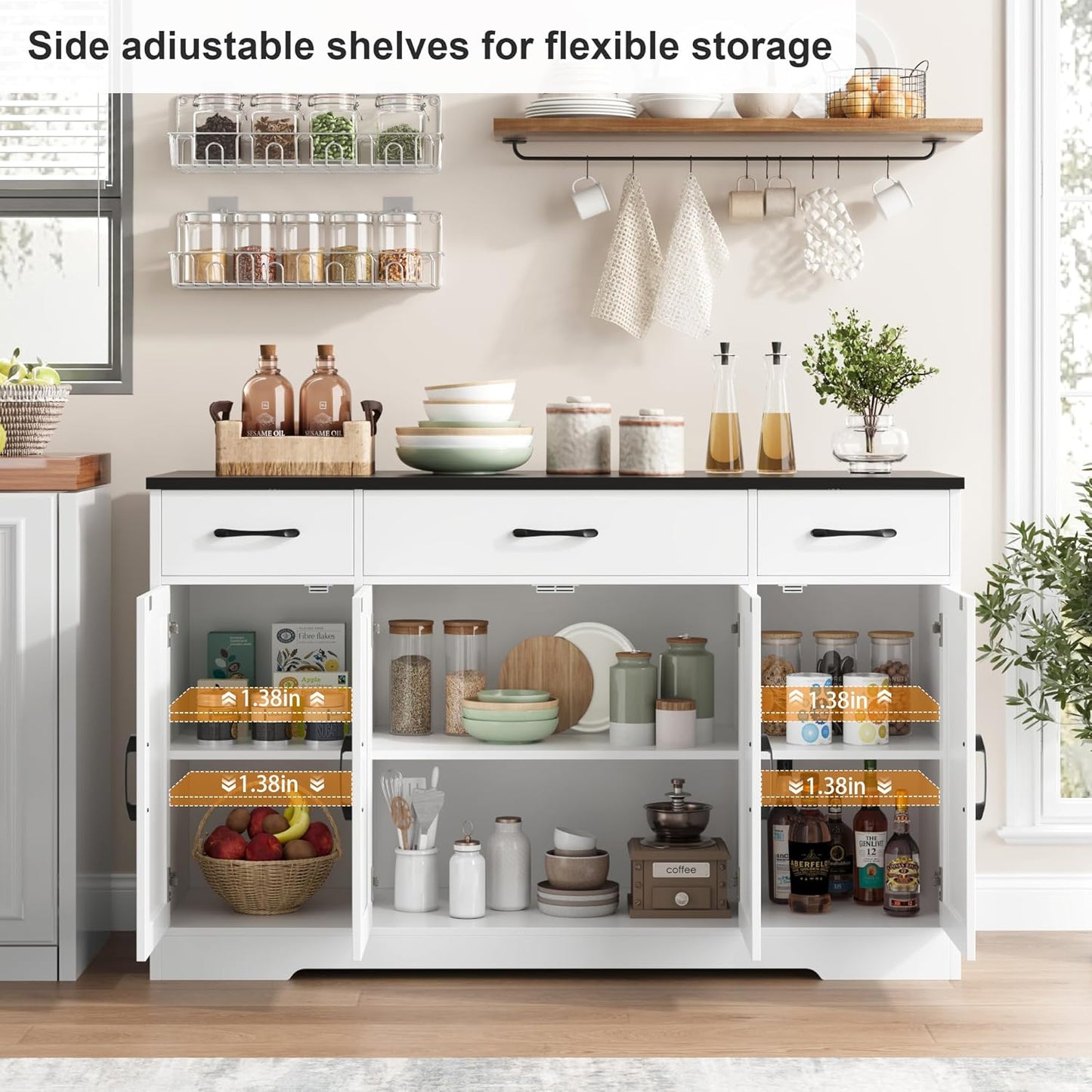 HOSTACK Buffet Sideboard Cabinet with Drawers, 55" Large Buffet Storage Cabinet with Shelves and Doors, Modern Farmhouse Coffee Bar Station Wood Kitchen Table for Kitchen, Dining Room, White/Black