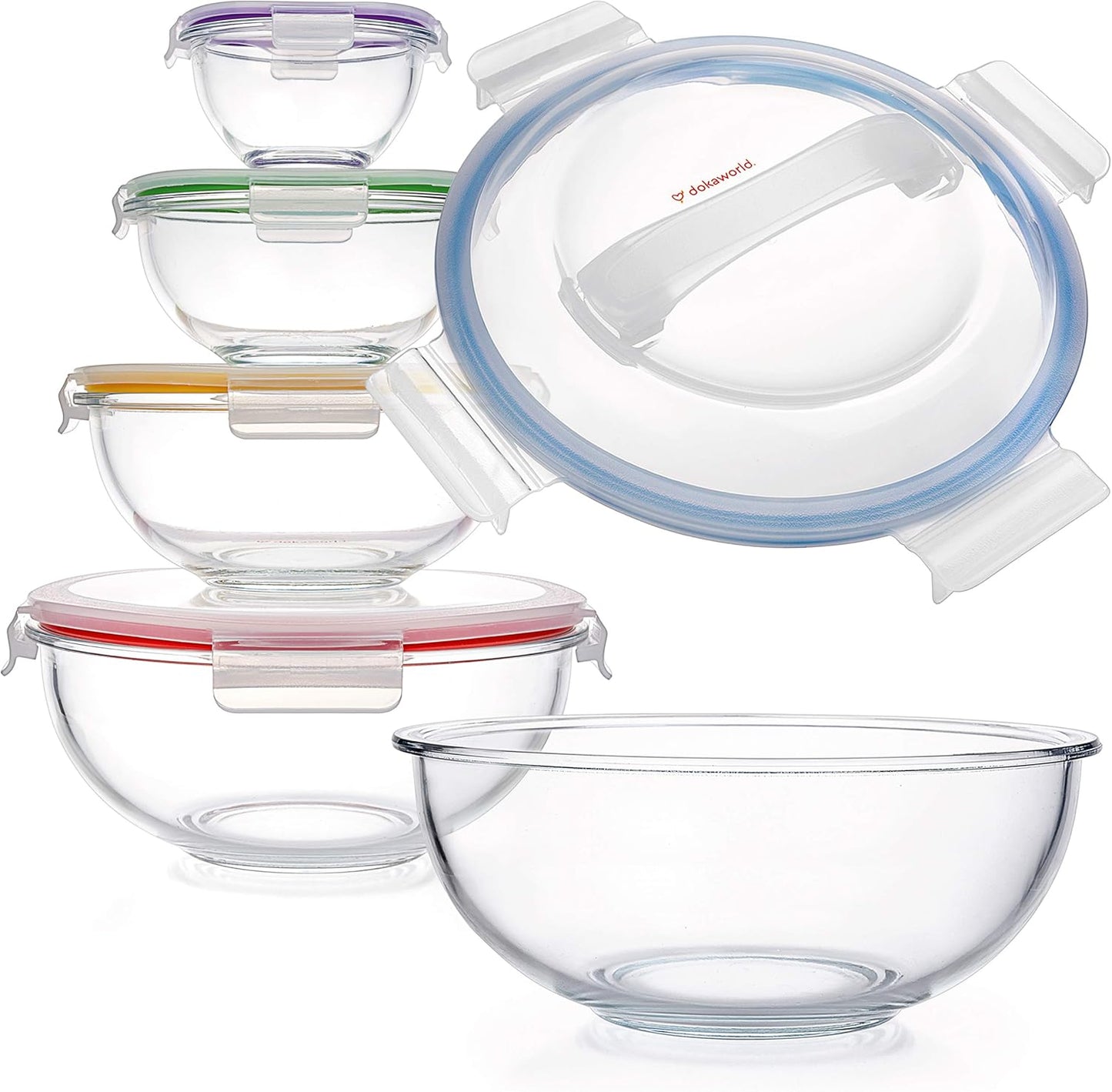 Set of 5 Stackable Space-Saving Nesting Glass Bowls with BPA Free Lids for Foodprep, Storage, Baking, Mixing & Cooking, Microwave Safe - Durable Inert Borosilicate Glass